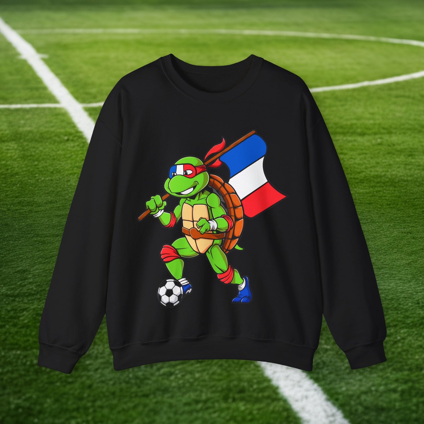 Kylian Mbappe Ninja Turtle Funny Soccer Euro 2024 France Football Unisex Heavy Blend Crewneck Sweatshirt Black Sweatshirts Football Kylian Mbappe Ninja Turtles Real Madrid Printify