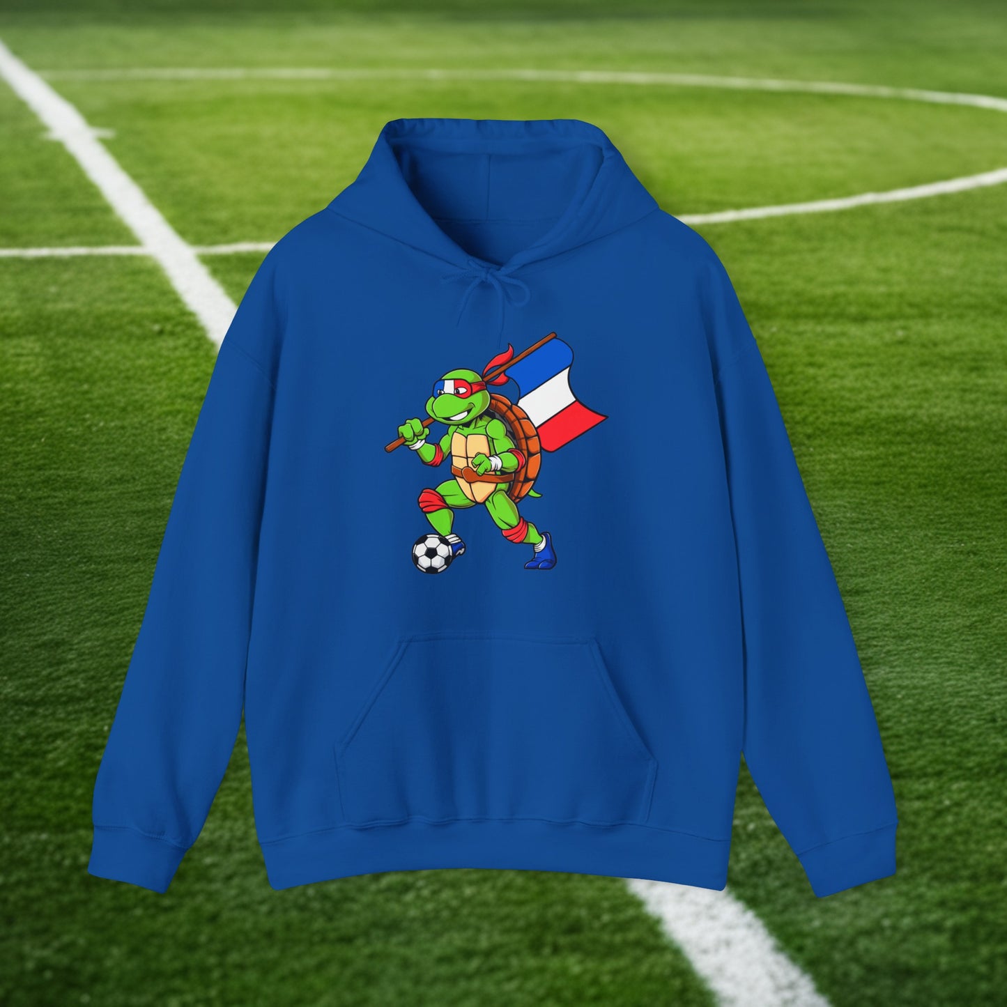 Kylian Mbappe Ninja Turtle Funny Soccer Euro 2024 France Football Unisex Heavy Blend Hooded Sweatshirt Royal Hoodies Football Kylian Mbappe Ninja Turtles Real Madrid Printify