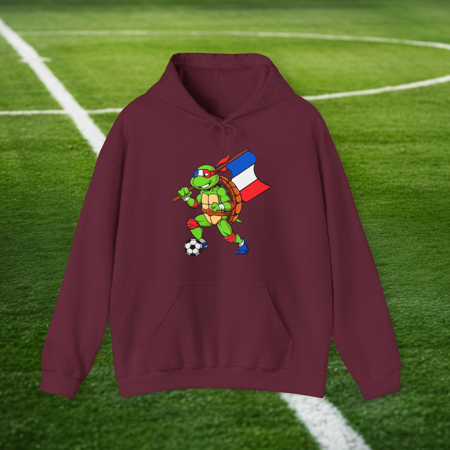 Kylian Mbappe Ninja Turtle Funny Soccer Euro 2024 France Football Unisex Heavy Blend Hooded Sweatshirt Maroon Hoodies Football Kylian Mbappe Ninja Turtles Real Madrid Printify