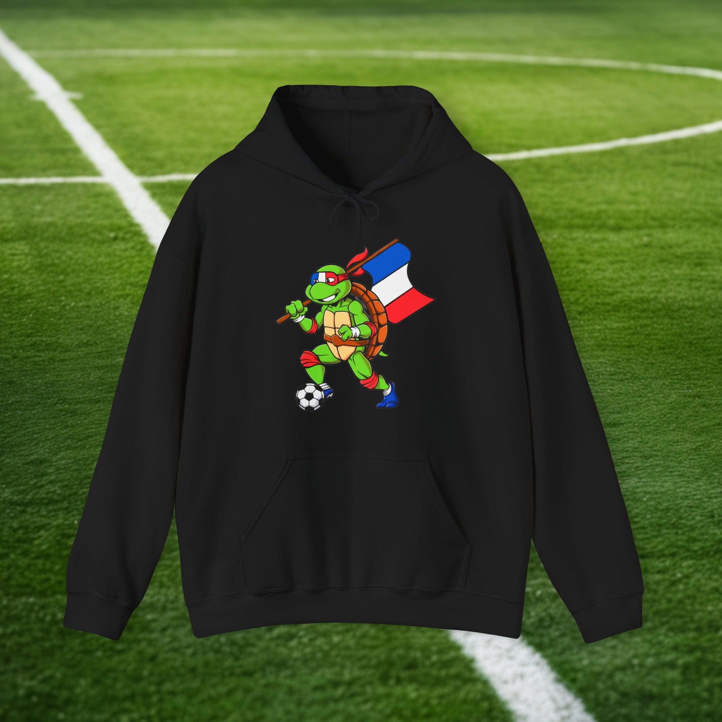 Kylian Mbappe Ninja Turtle Funny Soccer Euro 2024 France Football Unisex Heavy Blend Hooded Sweatshirt Black Hoodies Football Kylian Mbappe Ninja Turtles Real Madrid Printify