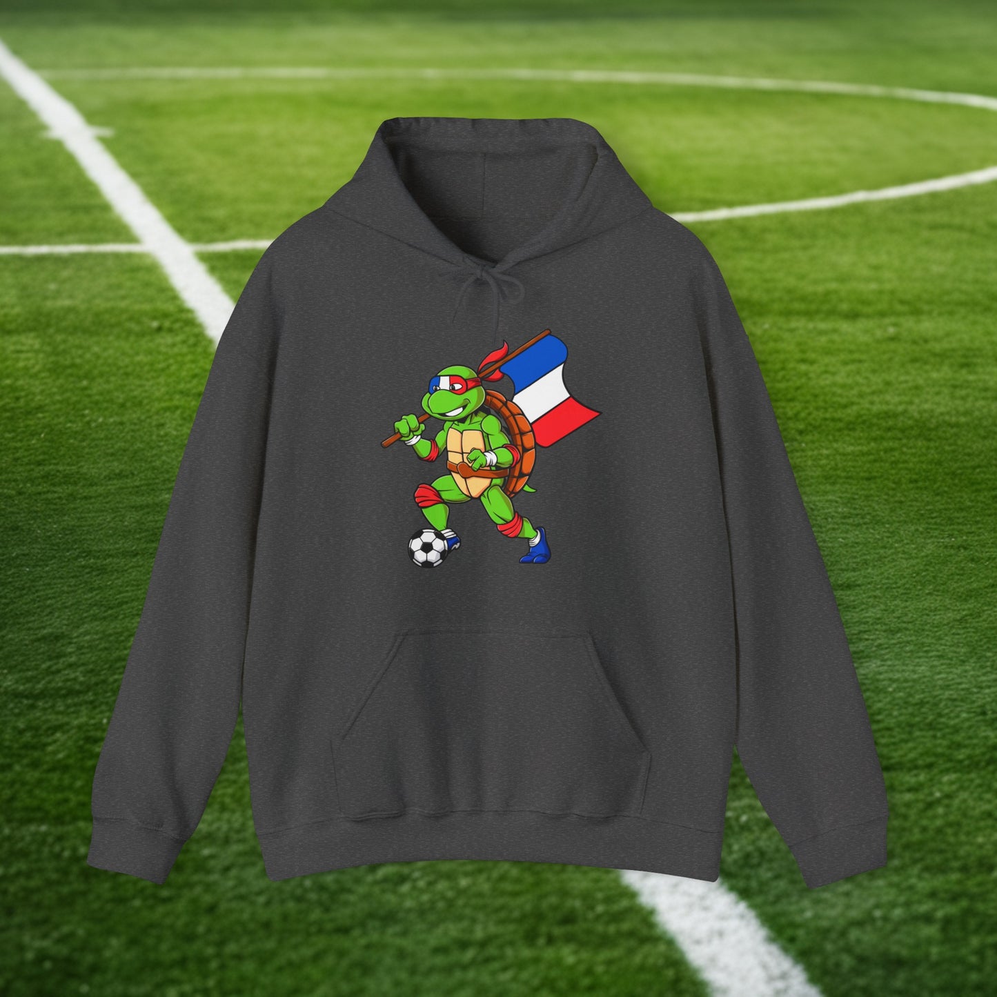 Kylian Mbappe Ninja Turtle Funny Soccer Euro 2024 France Football Unisex Heavy Blend Hooded Sweatshirt Dark Heather Hoodies Football Kylian Mbappe Ninja Turtles Real Madrid Printify