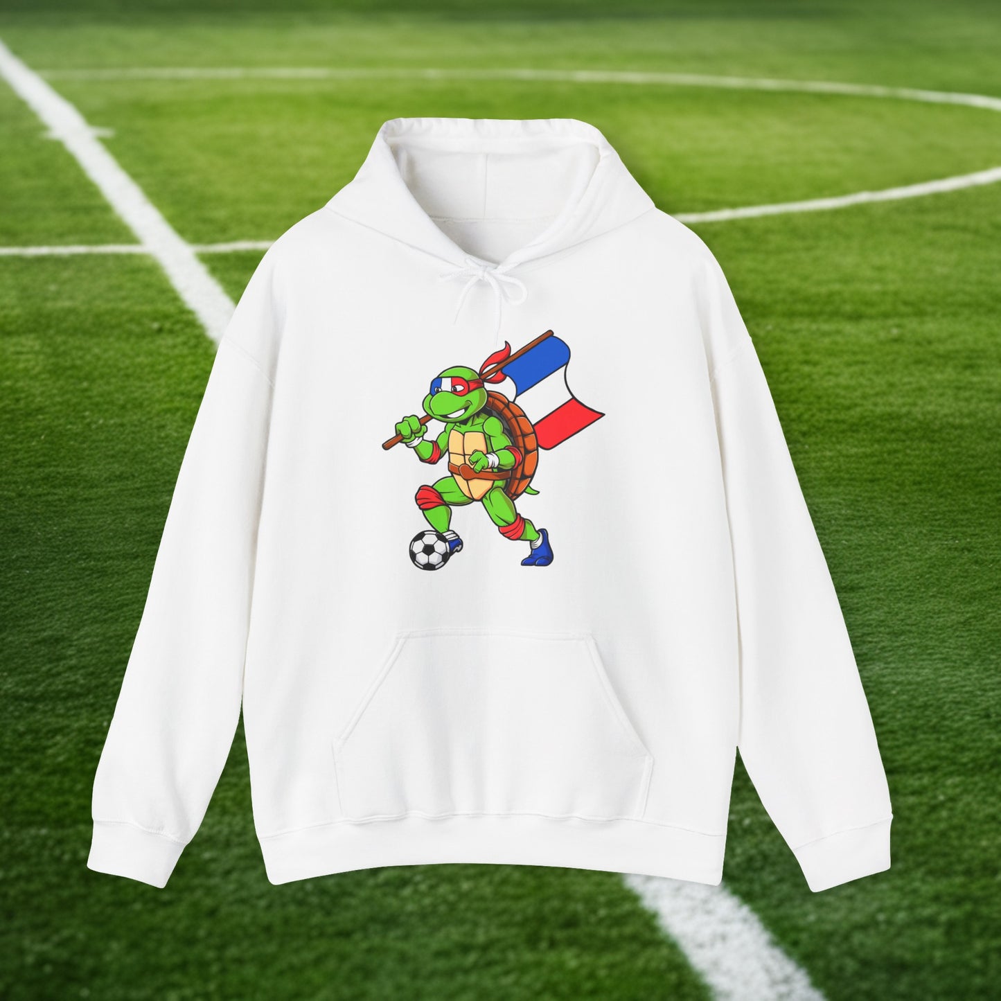 Kylian Mbappe Ninja Turtle Funny Soccer Euro 2024 France Football Unisex Heavy Blend Hooded Sweatshirt White Hoodies Football Kylian Mbappe Ninja Turtles Real Madrid Printify