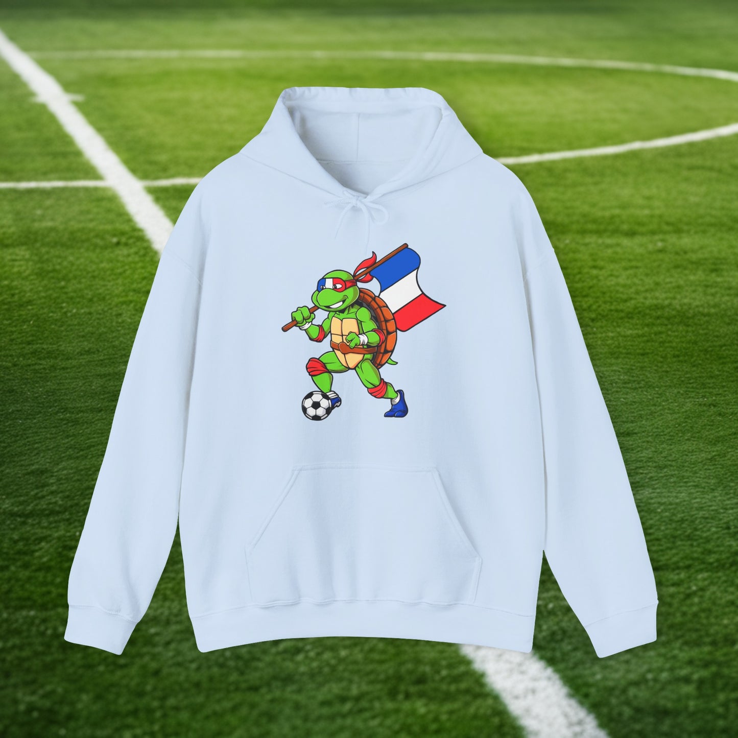Kylian Mbappe Ninja Turtle Funny Soccer Euro 2024 France Football Unisex Heavy Blend Hooded Sweatshirt Light Blue Hoodies Football Kylian Mbappe Ninja Turtles Real Madrid Printify