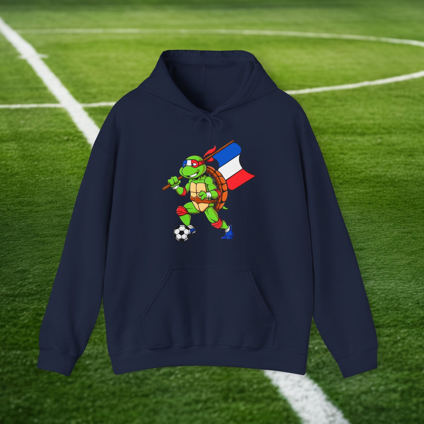 Kylian Mbappe Ninja Turtle Funny Soccer Euro 2024 France Football Unisex Heavy Blend Hooded Sweatshirt Navy Hoodies Football Kylian Mbappe Ninja Turtles Real Madrid Printify