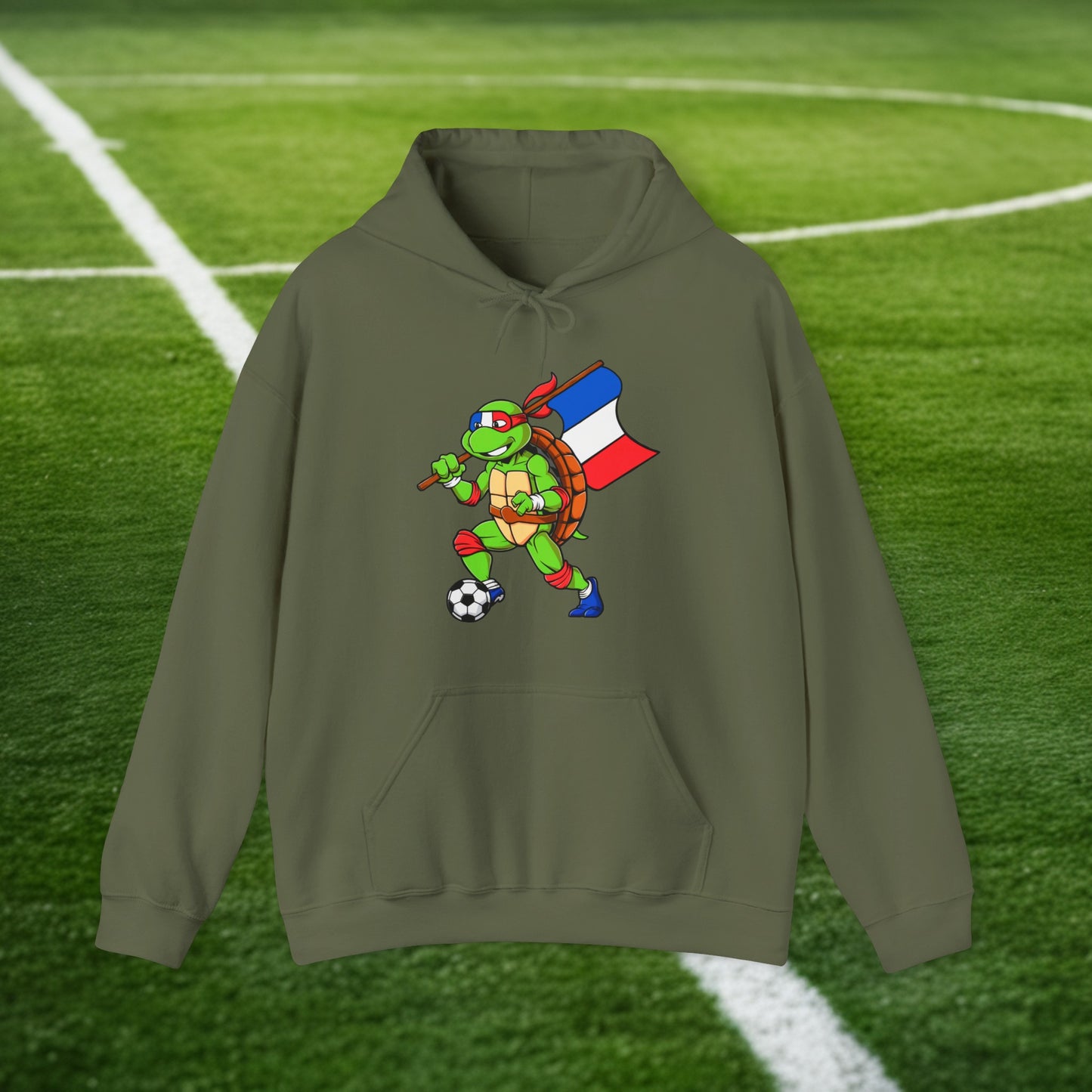 Kylian Mbappe Ninja Turtle Funny Soccer Euro 2024 France Football Unisex Heavy Blend Hooded Sweatshirt Military Green Hoodies Football Kylian Mbappe Ninja Turtles Real Madrid Printify
