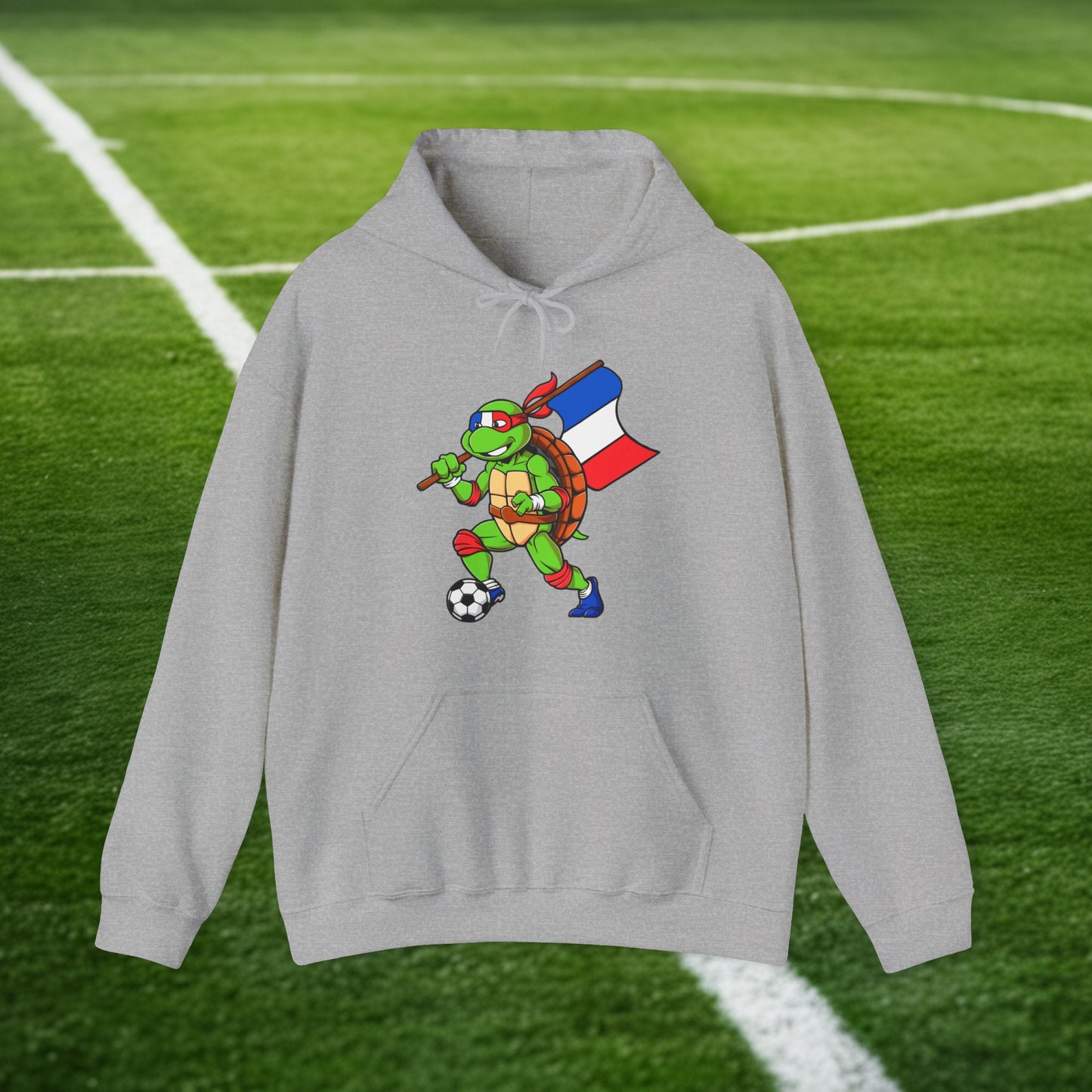 Kylian Mbappe Ninja Turtle Funny Soccer Euro 2024 France Football Unisex Heavy Blend Hooded Sweatshirt Sport Grey Hoodies Football Kylian Mbappe Ninja Turtles Real Madrid Printify