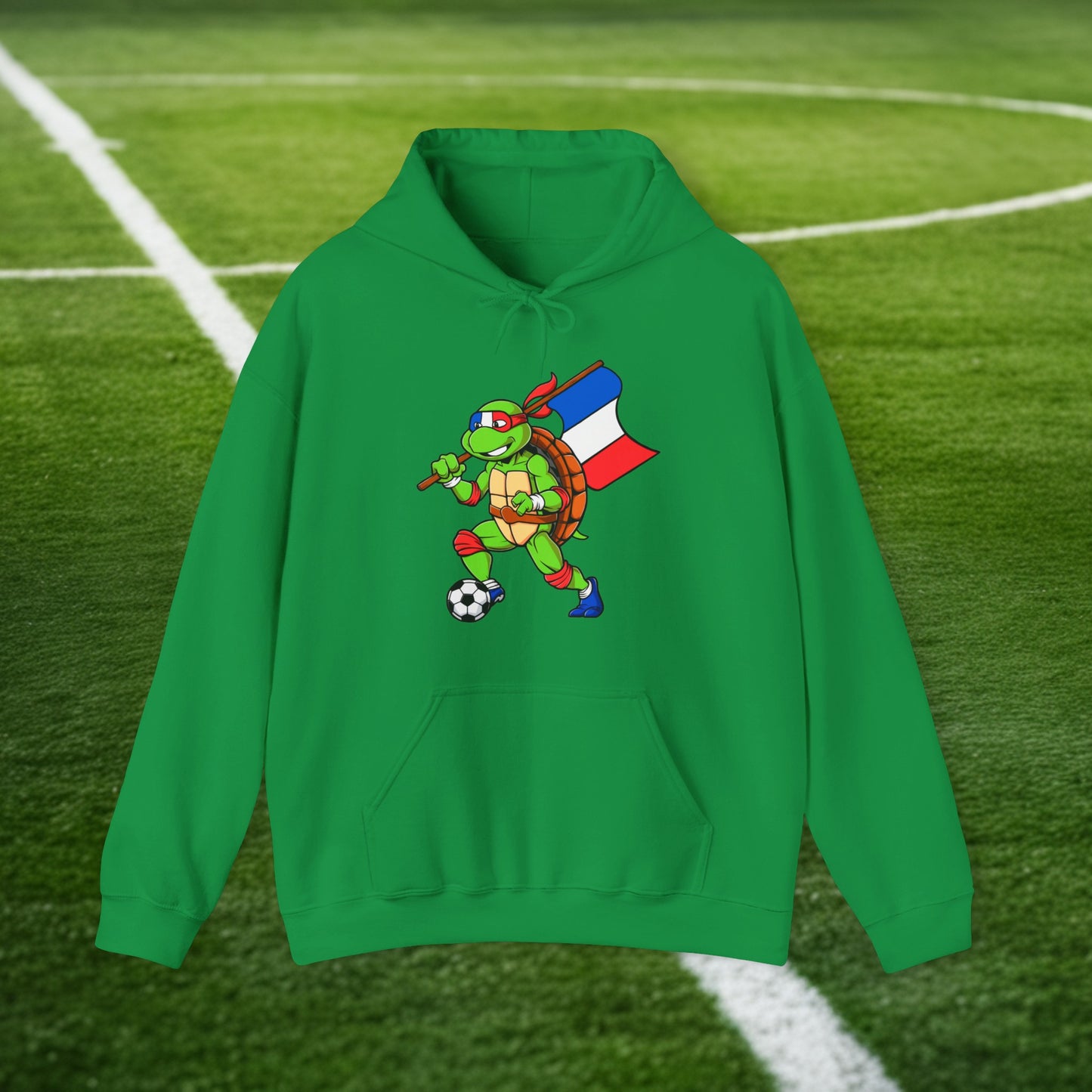 Kylian Mbappe Ninja Turtle Funny Soccer Euro 2024 France Football Unisex Heavy Blend Hooded Sweatshirt Irish Green Hoodies Football Kylian Mbappe Ninja Turtles Real Madrid Printify