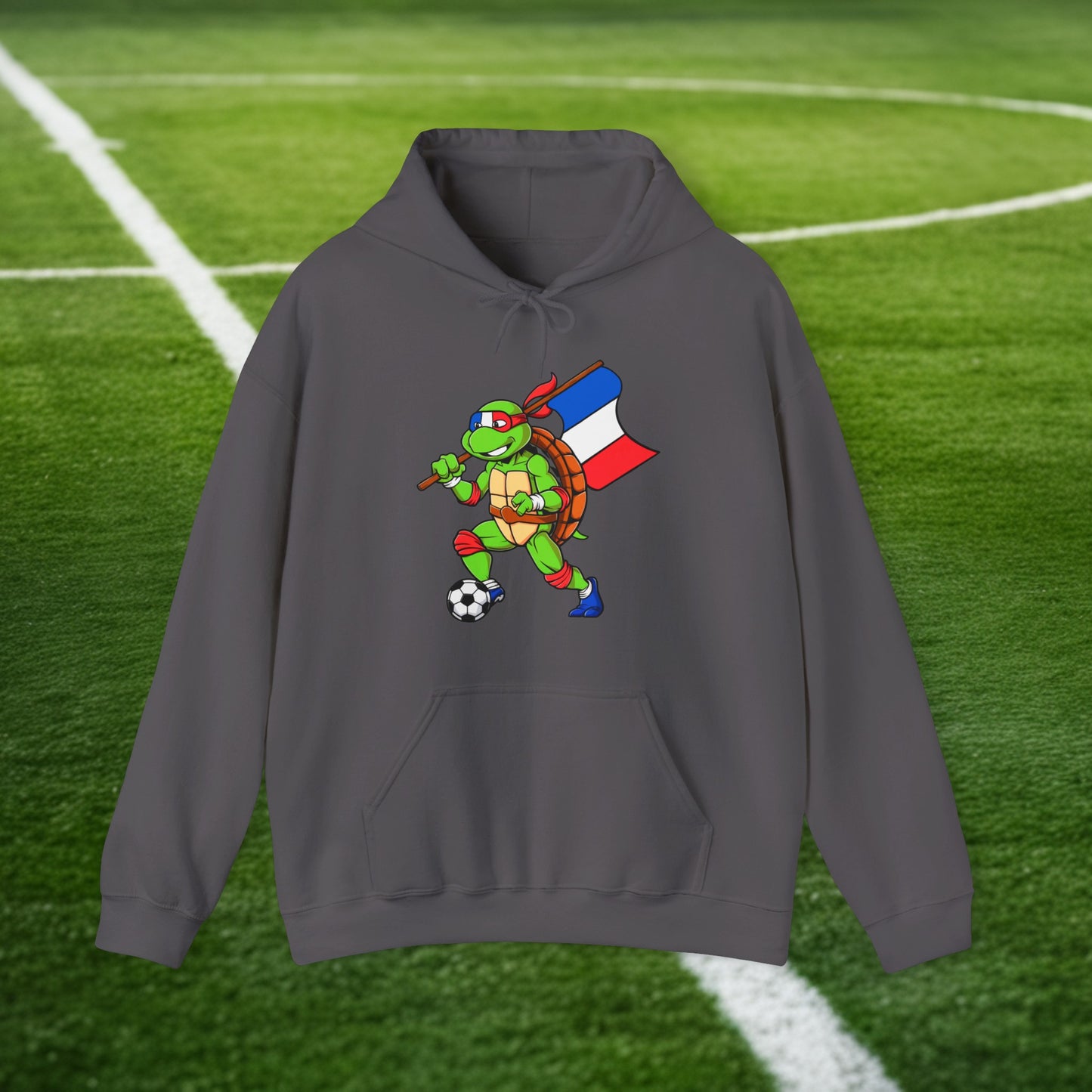Kylian Mbappe Ninja Turtle Funny Soccer Euro 2024 France Football Unisex Heavy Blend Hooded Sweatshirt Charcoal Hoodies Football Kylian Mbappe Ninja Turtles Real Madrid Printify