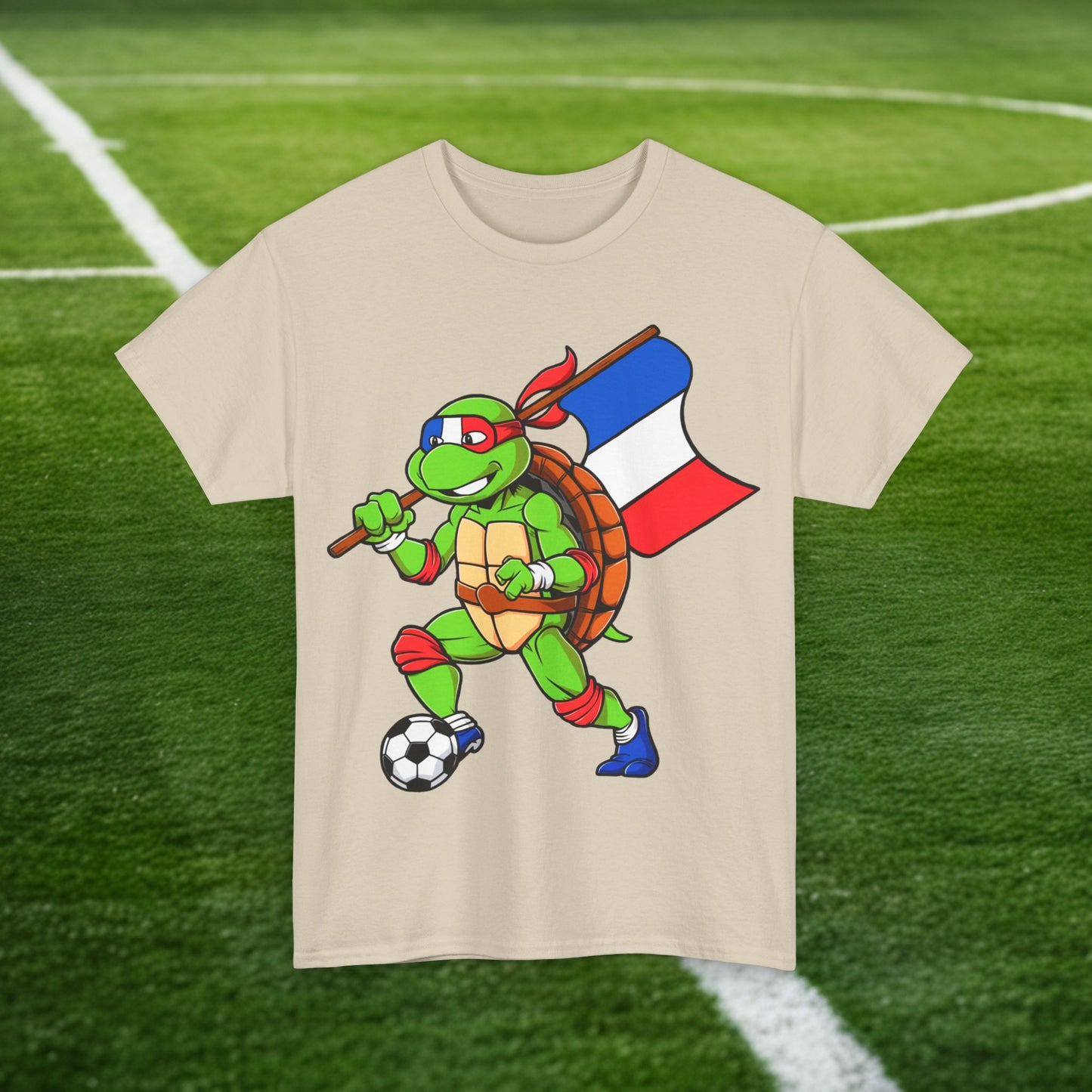 Kylian Mbappe Ninja Turtle Funny Soccer Euro 2024 France Football Unisex Heavy Cotton Tee Sand T-shirts Football Kylian Mbappe Ninja Turtles Real Madrid Printify