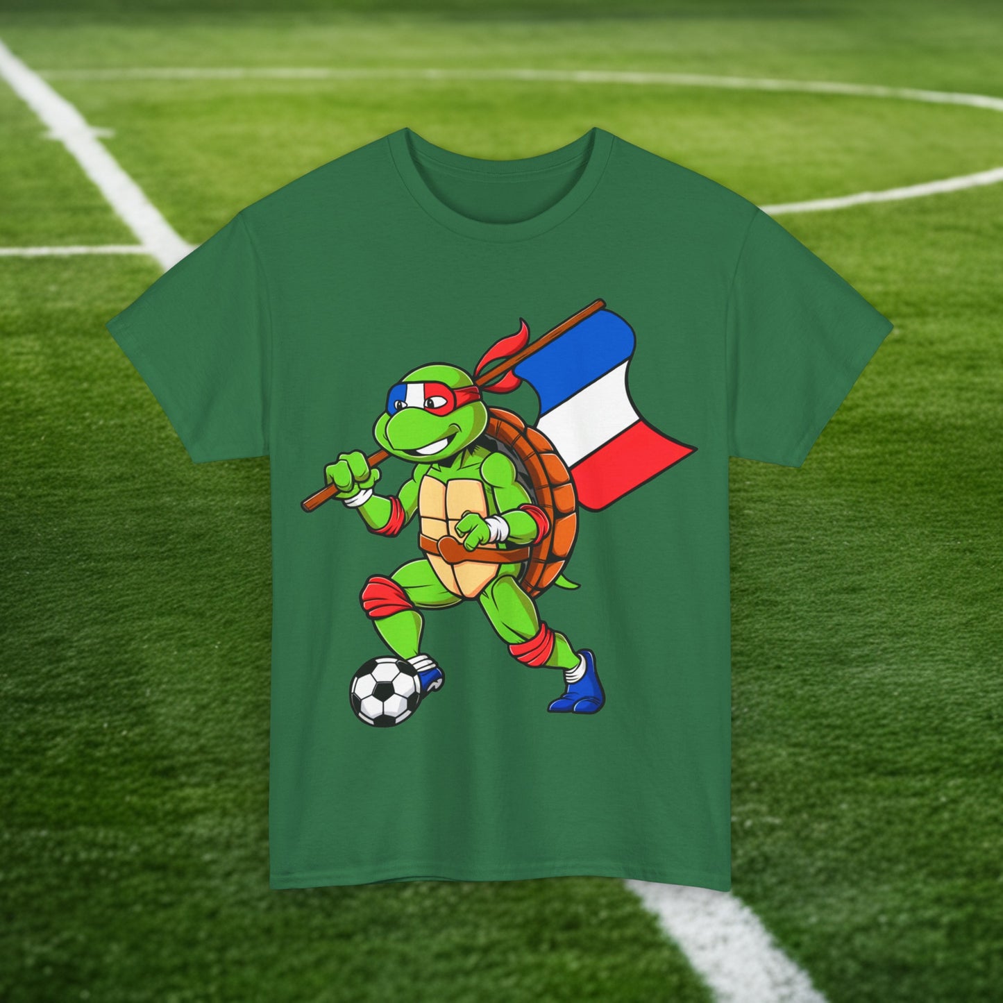 Kylian Mbappe Ninja Turtle Funny Soccer Euro 2024 France Football Unisex Heavy Cotton Tee Turf Green T-shirts Football Kylian Mbappe Ninja Turtles Real Madrid Printify