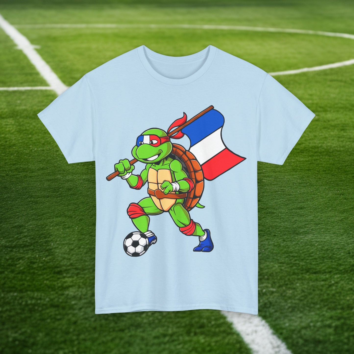 Kylian Mbappe Ninja Turtle Funny Soccer Euro 2024 France Football Unisex Heavy Cotton Tee Light Blue T-shirts Football Kylian Mbappe Ninja Turtles Real Madrid Printify