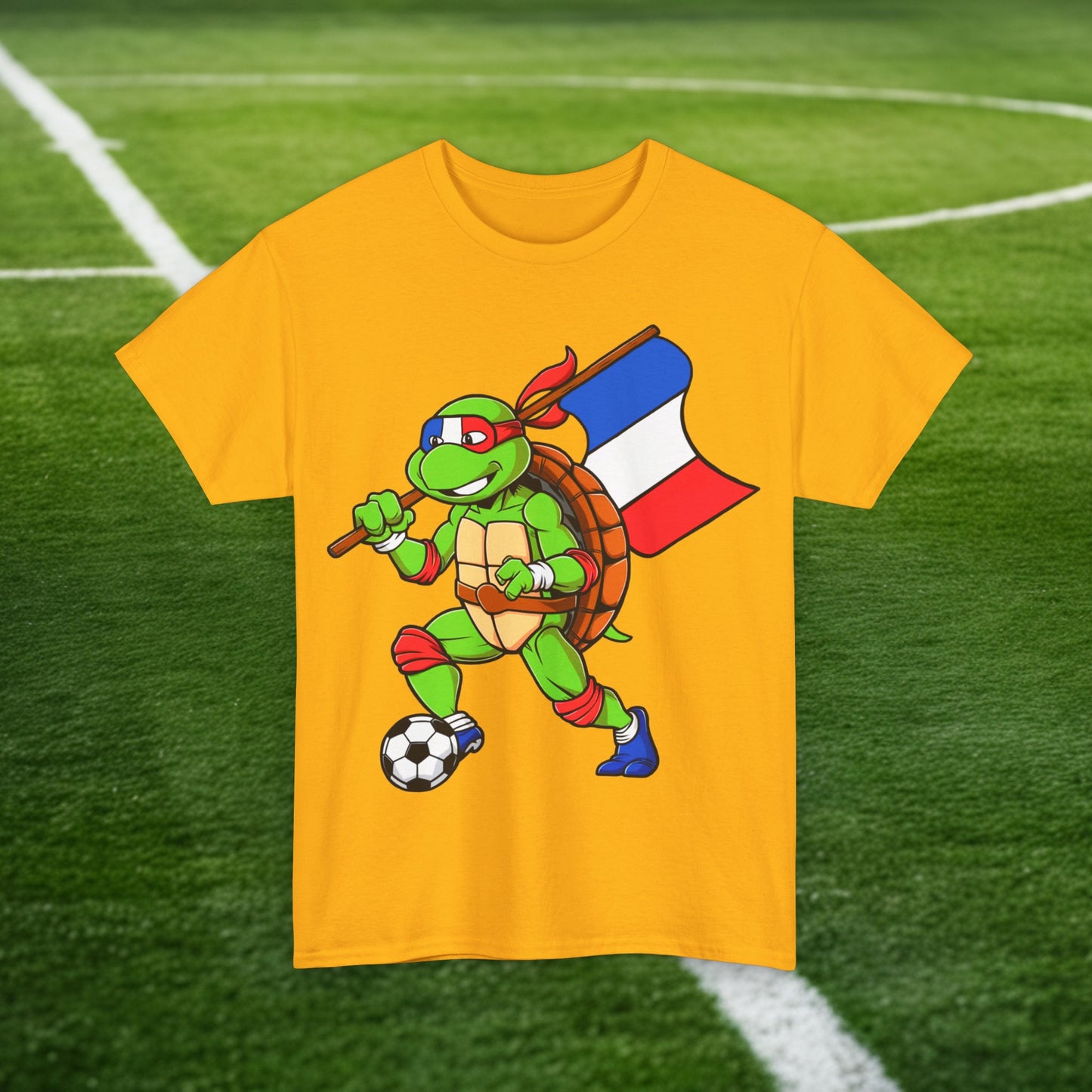 Kylian Mbappe Ninja Turtle Funny Soccer Euro 2024 France Football Unisex Heavy Cotton Tee Gold T-shirts Football Kylian Mbappe Ninja Turtles Real Madrid Printify