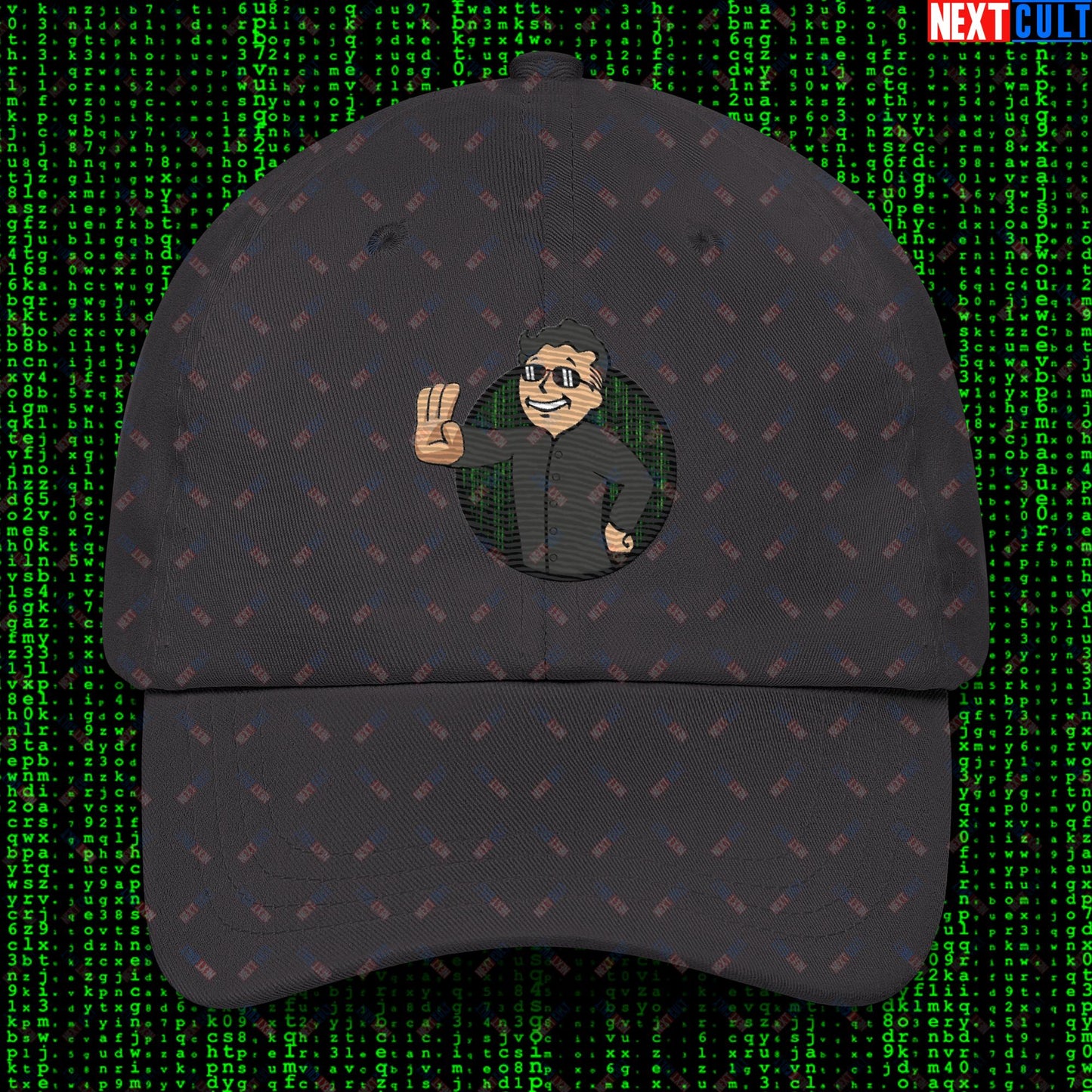 Matrix Vault Boy Fallout Funny Meme Cartoon Mashup Dad hat Dark Grey Hats Fallout Keanu Reeves Matrix Movies Vault Boy Next Cult Brand