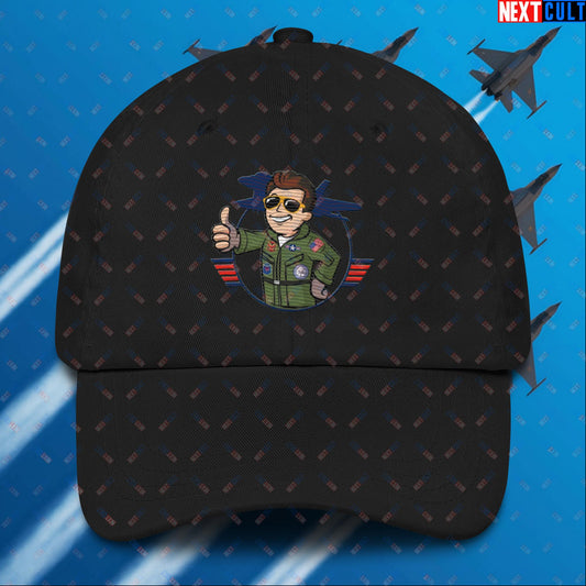 Maverick Boy Top Gun Vault Boy Fallout Funny Meme Cartoon Mashup Dad hat Black Hats Fallout Movies Tom Cruise Top Gun Vault Boy Next Cult Brand