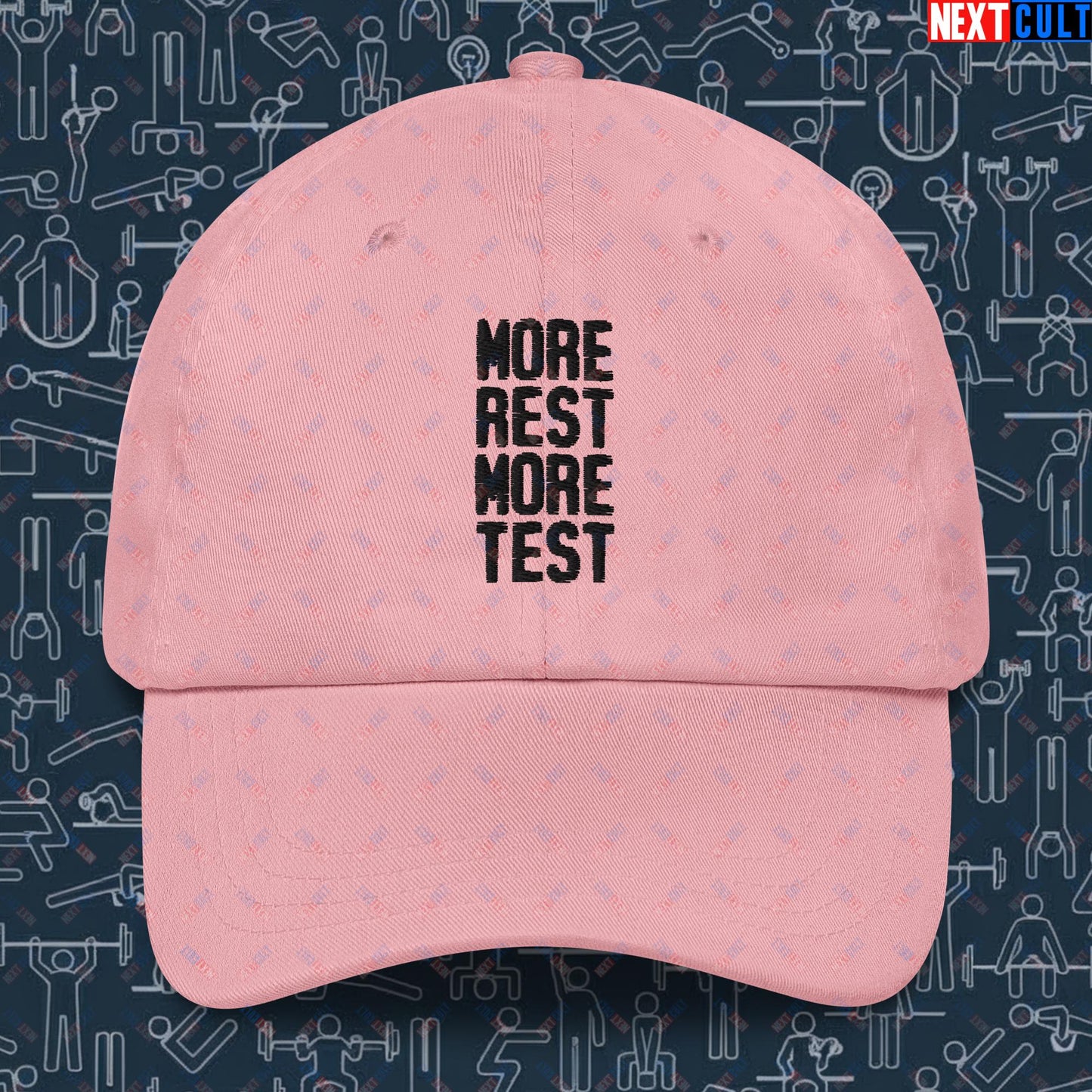 More Rest More Test Funny Gym Meme Testosterone Bro Science Dad hat Pink Hats Next Cult Brand