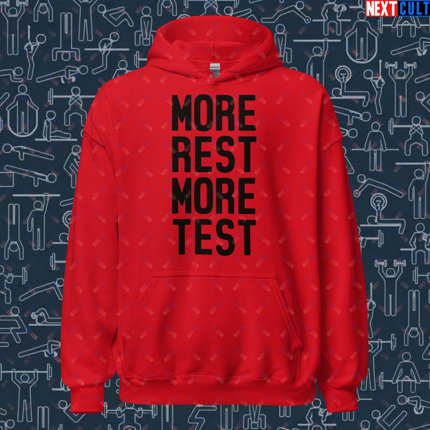More Rest More Test Funny Gym Meme Testosterone Bro Science Unisex Hoodie Red Hoodies Fitness Gym Workout Next Cult Brand