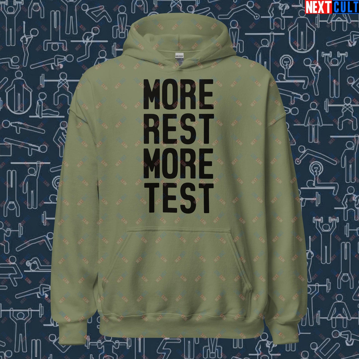 More Rest More Test Funny Gym Meme Testosterone Bro Science Unisex Hoodie Military Green Hoodies Fitness Gym Workout Next Cult Brand