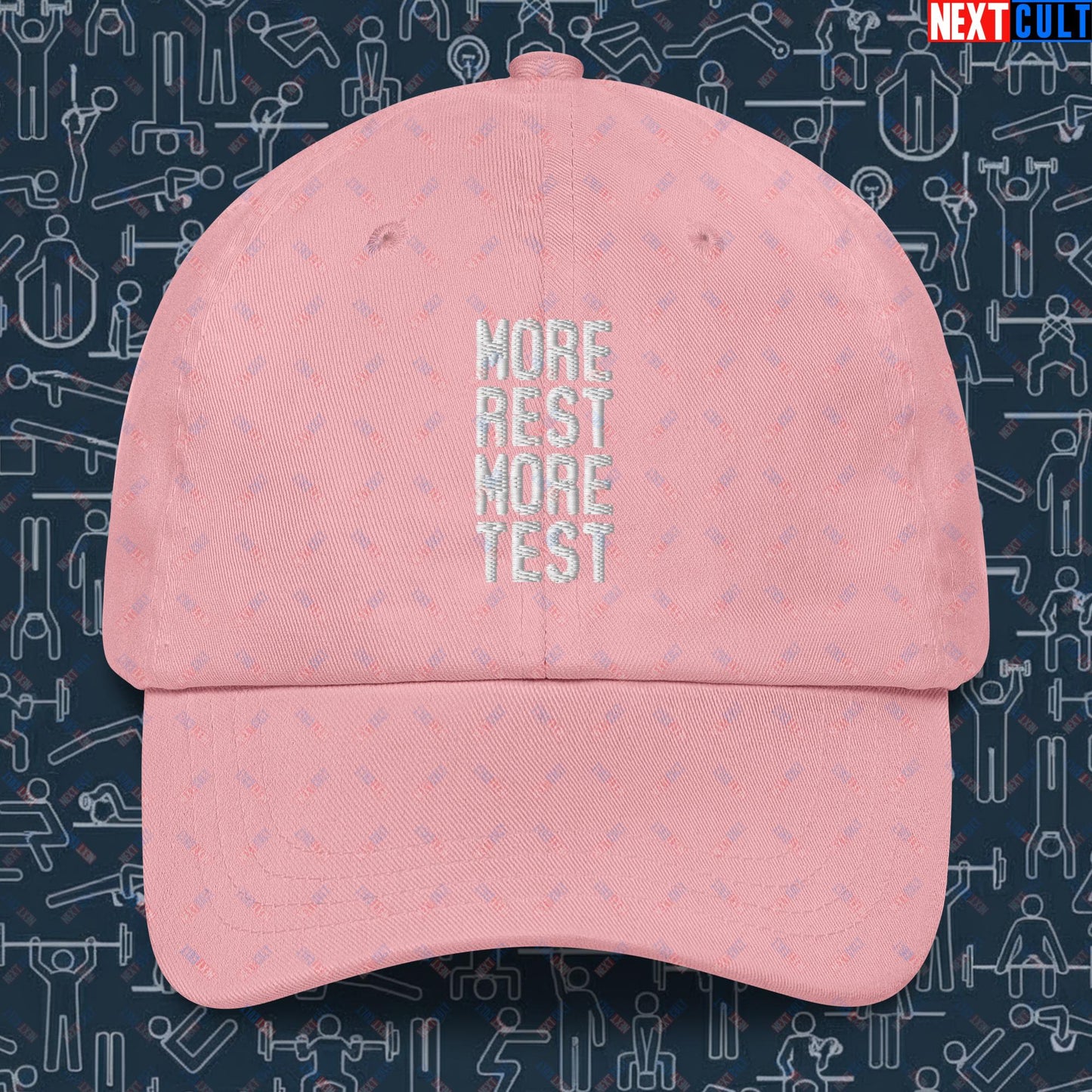 More Rest More Test Gym Meme Testosterone Funny Bro Science Dad hat Pink Hats Next Cult Brand
