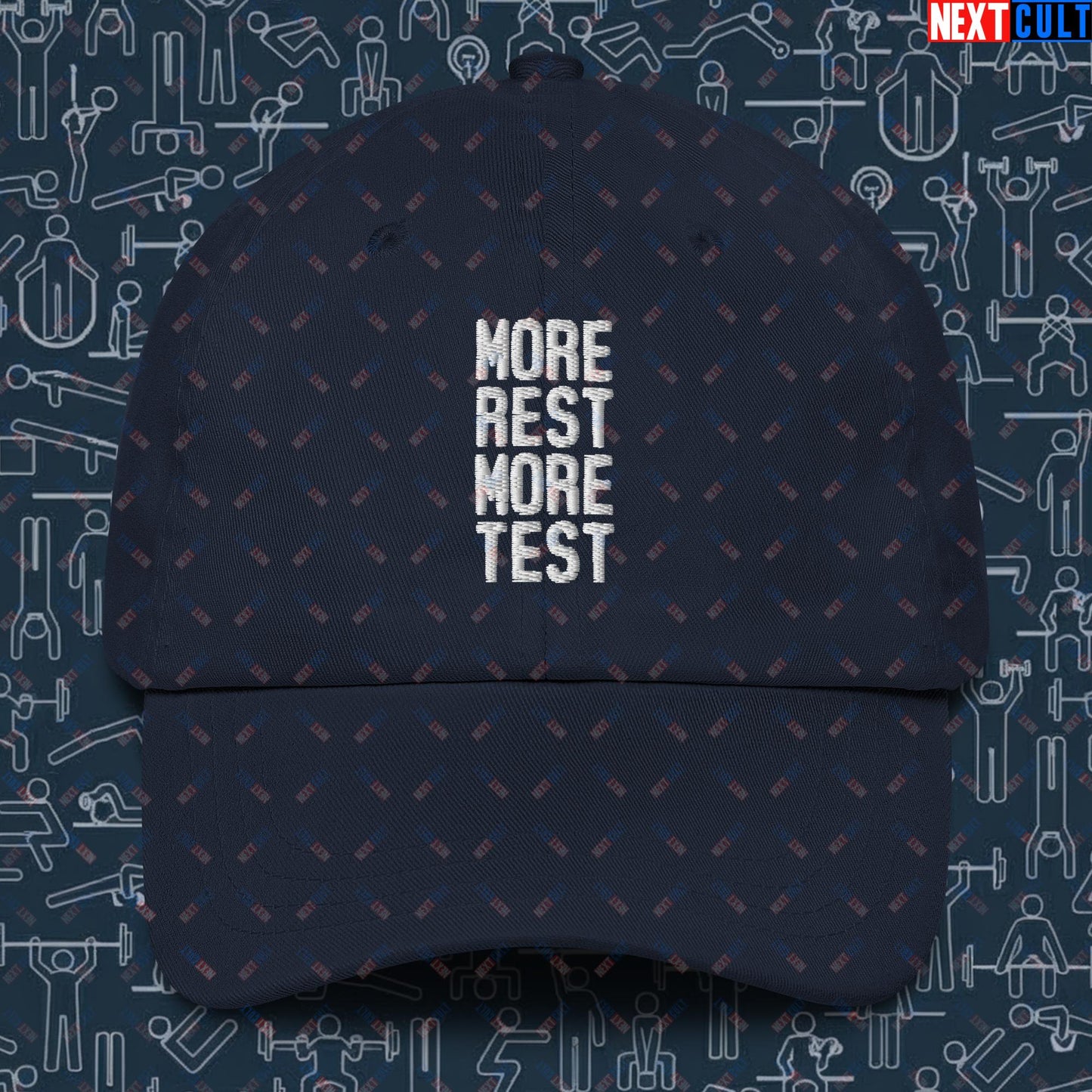 More Rest More Test Gym Meme Testosterone Funny Bro Science Dad hat Navy Hats Next Cult Brand