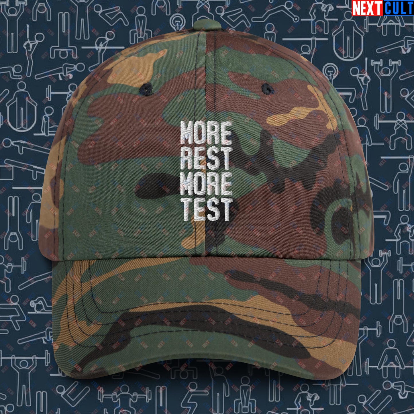 More Rest More Test Gym Meme Testosterone Funny Bro Science Dad hat Green Camo Hats Next Cult Brand