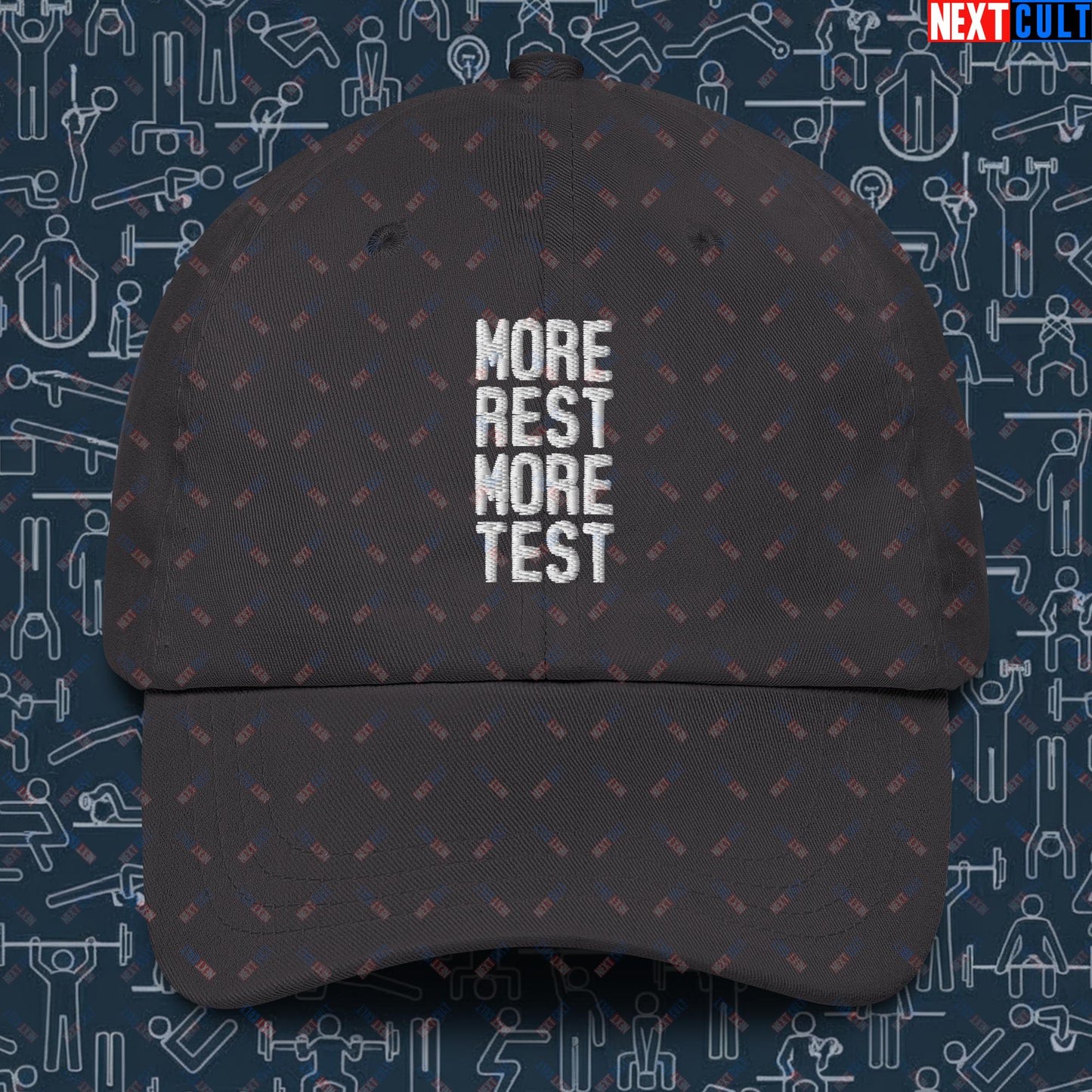 More Rest More Test Gym Meme Testosterone Funny Bro Science Dad hat Dark Grey Hats Next Cult Brand