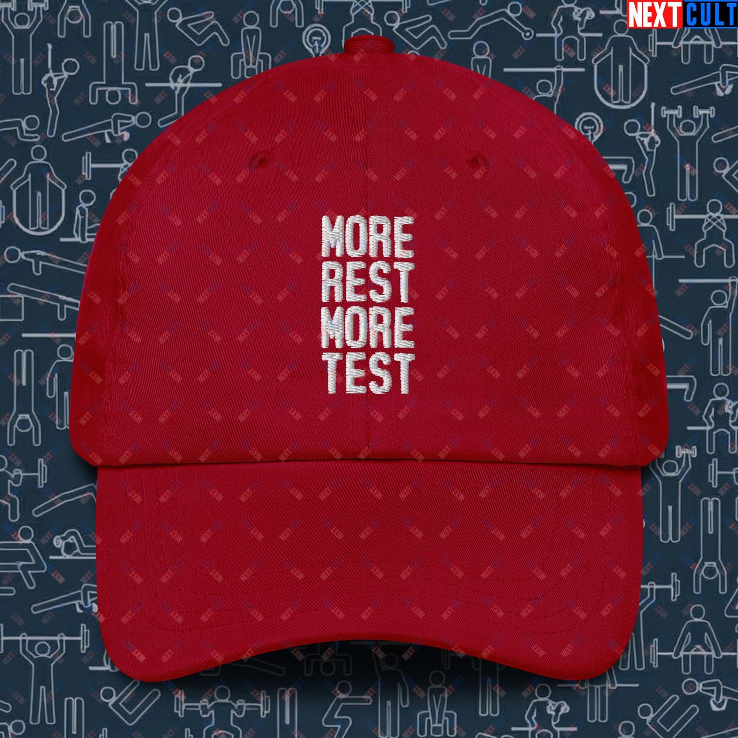 More Rest More Test Gym Meme Testosterone Funny Bro Science Dad hat Cranberry Hats Next Cult Brand