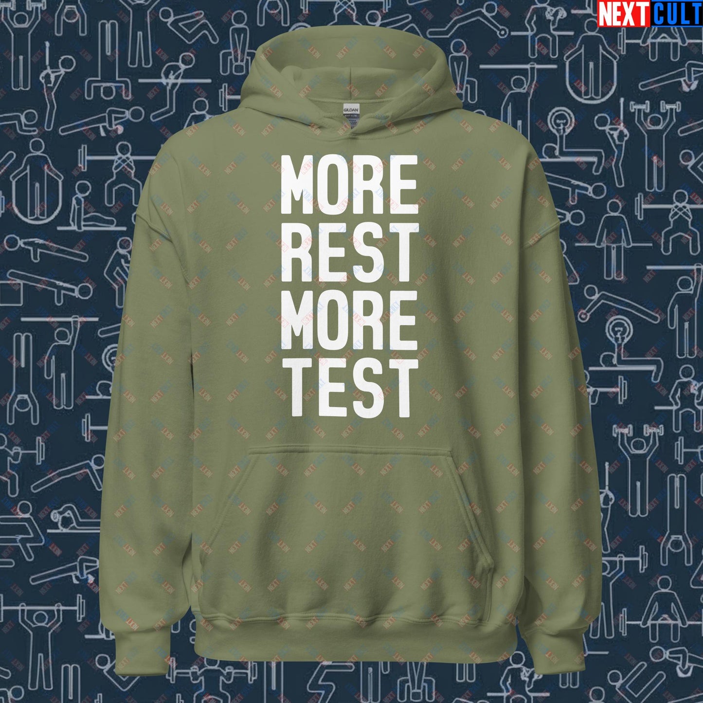 More Rest More Test Gym Meme Testosterone Funny Bro Science Unisex Hoodie Military Green Hoodies Fitness Gym Workout Next Cult Brand