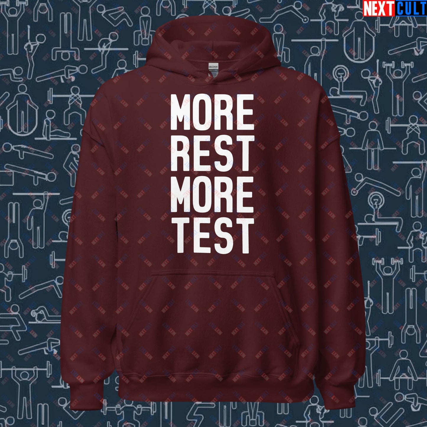 More Rest More Test Gym Meme Testosterone Funny Bro Science Unisex Hoodie Maroon Hoodies Fitness Gym Workout Next Cult Brand