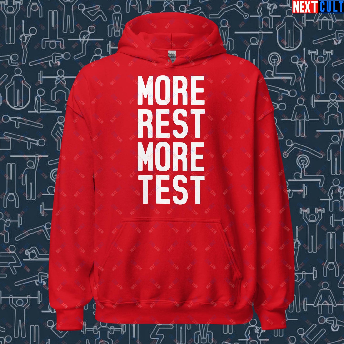 More Rest More Test Gym Meme Testosterone Funny Bro Science Unisex Hoodie Red Hoodies Fitness Gym Workout Next Cult Brand