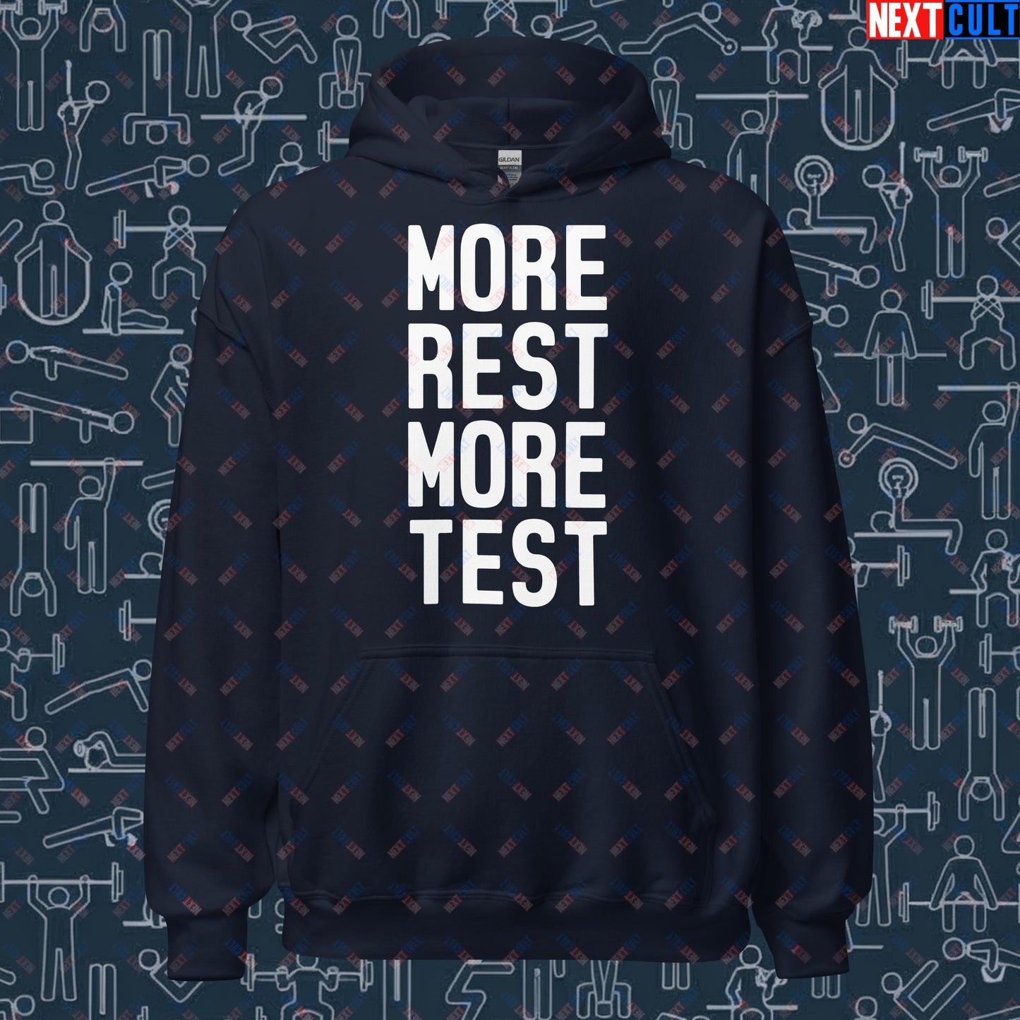 More Rest More Test Gym Meme Testosterone Funny Bro Science Unisex Hoodie Navy Hoodies Fitness Gym Workout Next Cult Brand