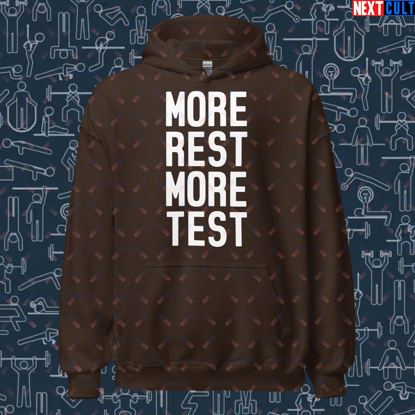 More Rest More Test Gym Meme Testosterone Funny Bro Science Unisex Hoodie Dark Chocolate Hoodies Fitness Gym Workout Next Cult Brand