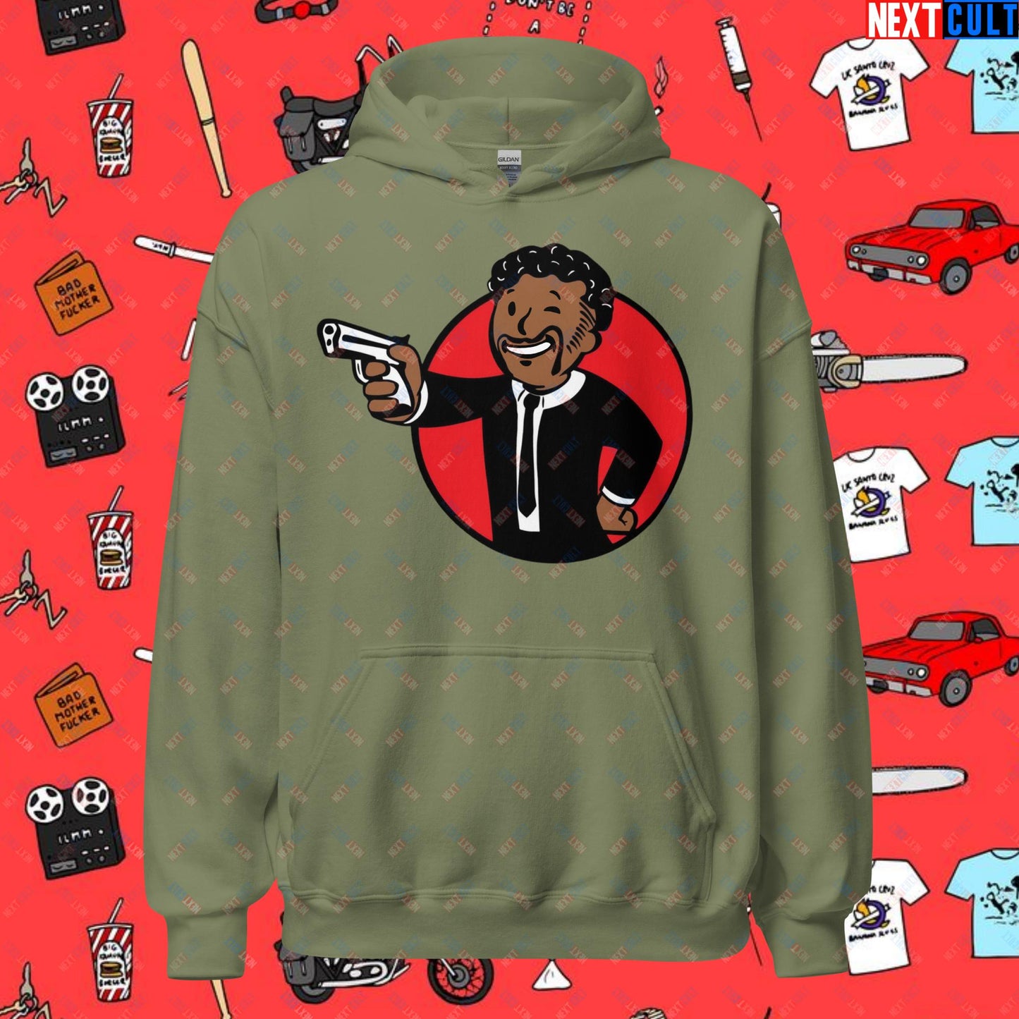 Motherf***** Boy Pulp Fiction Vault Boy Fallout Funny Meme Cartoon Mashup Unisex Hoodie Military Green Hoodies Fallout Movies Pulp Fiction Quentin Tarantino Samuel L. Jackson Vault Boy Next Cult Brand