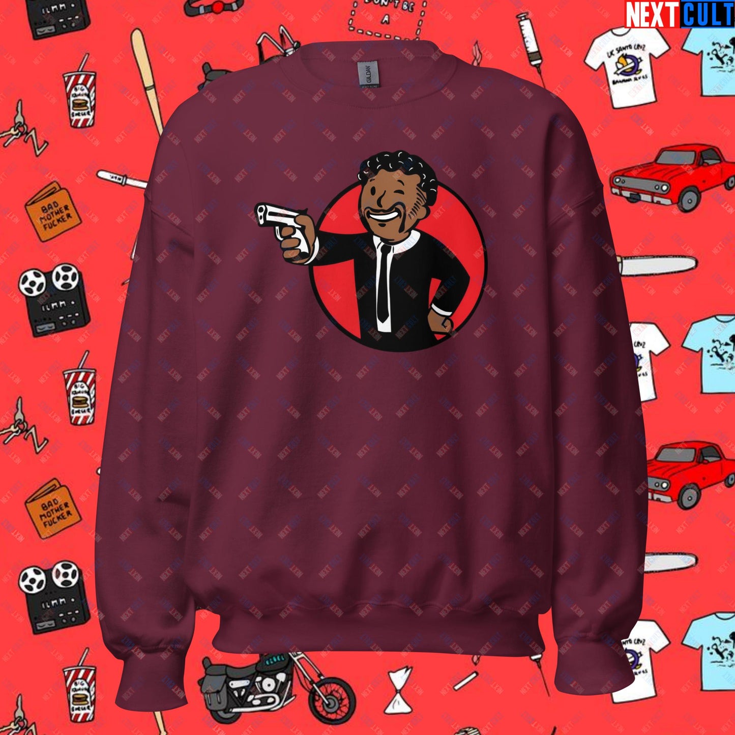 Motherf***** Boy Pulp Fiction Vault Boy Fallout Funny Meme Cartoon Mashup Unisex Sweatshirt Maroon Sweatshirts Fallout Movies Pulp Fiction Quentin Tarantino Samuel L. Jackson Vault Boy Next Cult Brand