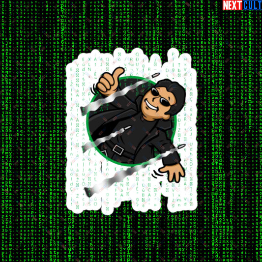 Neo Matrix Vault Boy Fallout Funny Meme Cartoon Mashup Bubble-free stickers 4″×4″ Stickers Fallout Keanu Reeves Matrix Movies Vault Boy Next Cult Brand