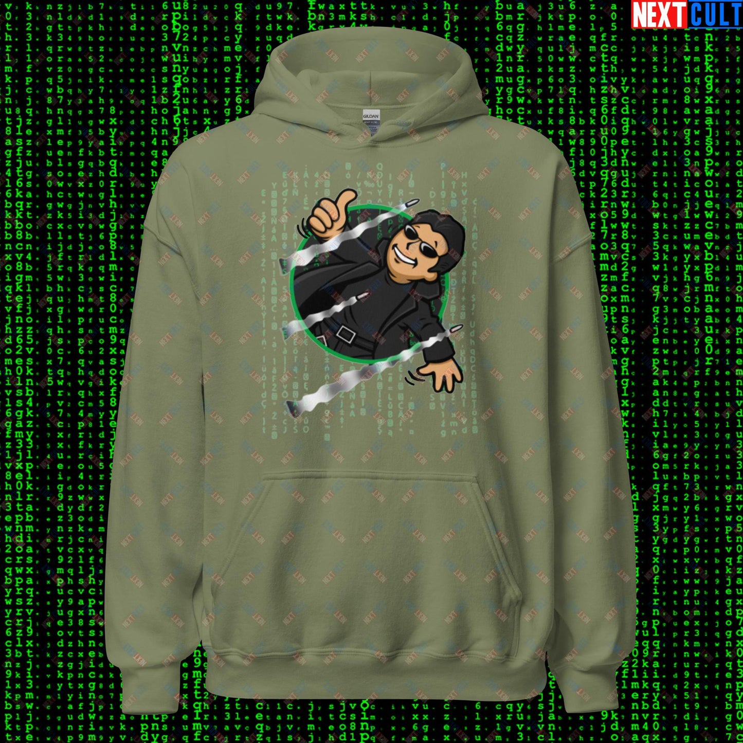 Neo Matrix Vault Boy Fallout Funny Meme Cartoon Mashup Unisex Hoodie Military Green Hoodies Fallout Keanu Reeves Matrix Movies Vault Boy Next Cult Brand
