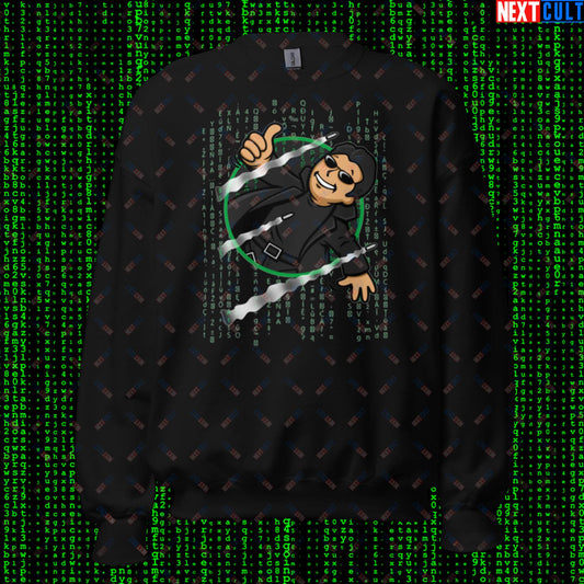 Neo Matrix Vault Boy Fallout Funny Meme Cartoon Mashup Unisex Sweatshirt Black Sweatshirts Fallout Keanu Reeves Matrix Movies Vault Boy Next Cult Brand