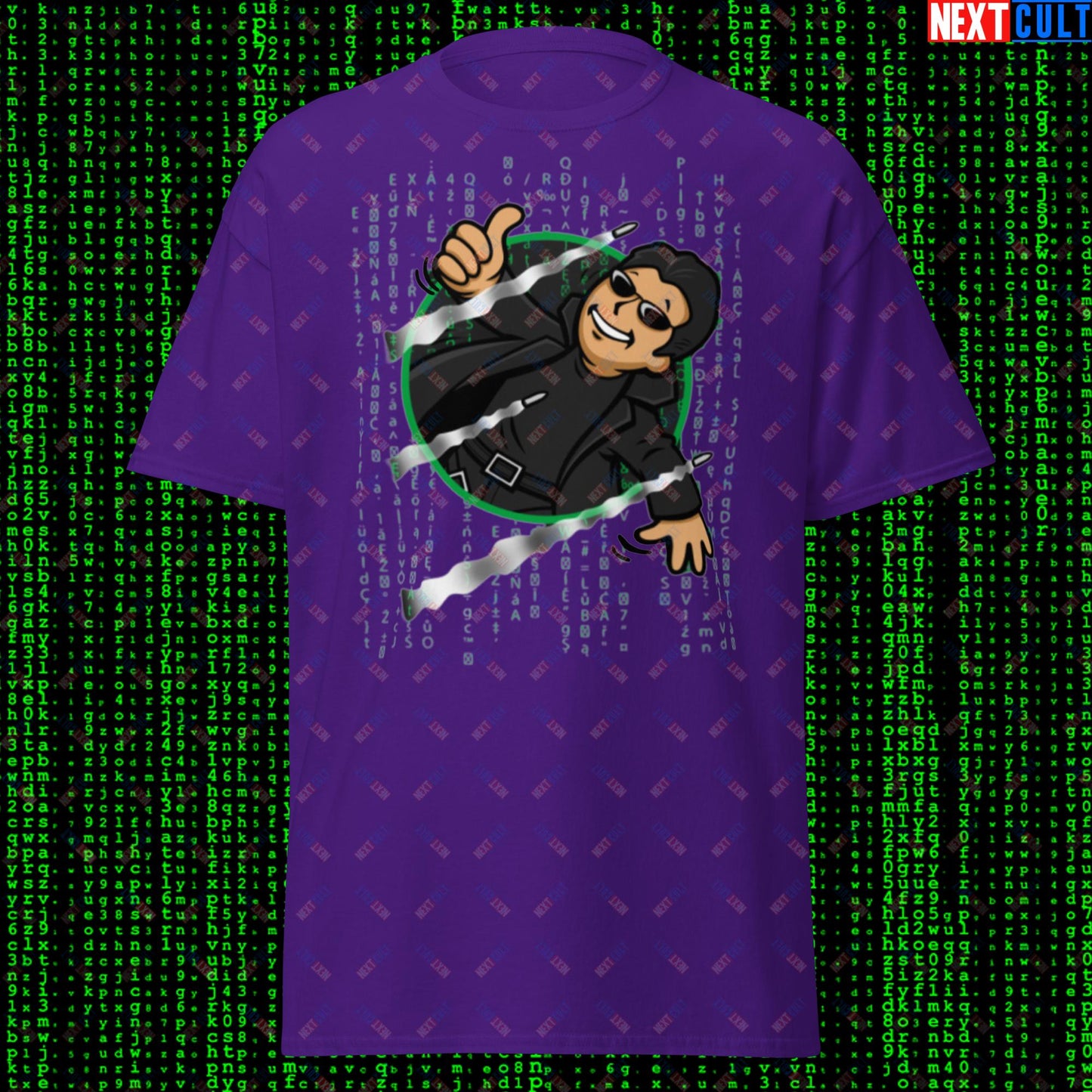 Neo Matrix Vault Boy Fallout Funny Meme Cartoon Mashup Unisex tee Purple T-shirts Fallout Keanu Reeves Matrix Movies Vault Boy Next Cult Brand