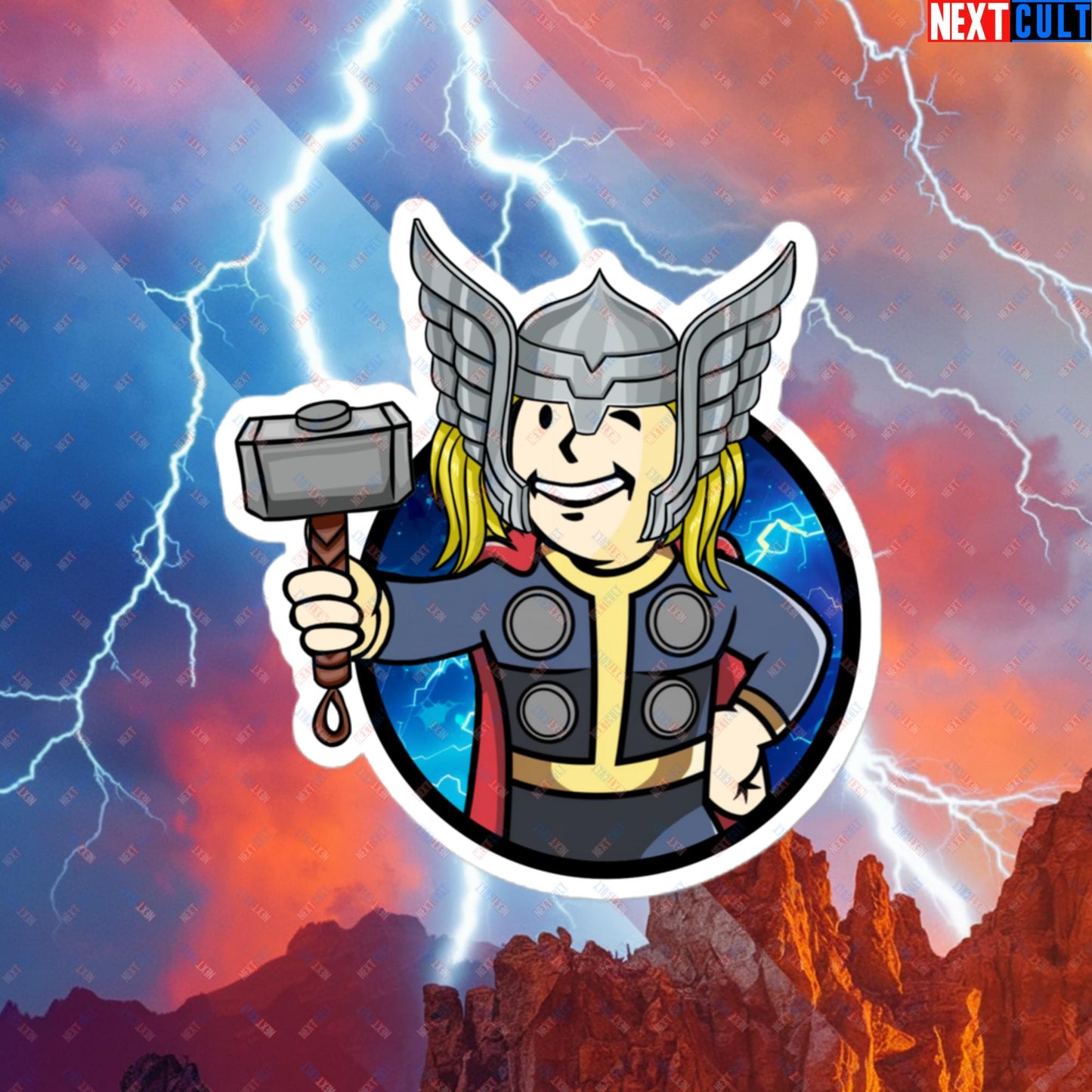 Norse Boy Thor Vault Boy Fallout Funny Meme Cartoon Mashup Bubble-free stickers 4″×4″ Stickers Avengers Chris Hemsworth Fallout Movies Superheroes Thor Vault Boy Next Cult Brand