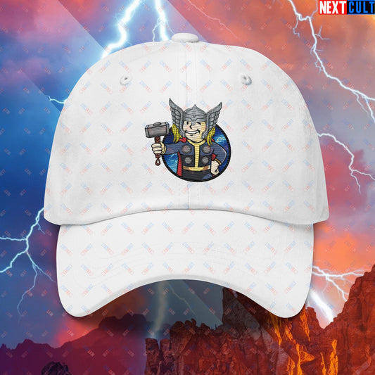 Norse Boy Thor Vault Boy Fallout Funny Meme Cartoon Mashup Dad hat White Hats Avengers Chris Hemsworth Fallout Movies Superheroes Thor Vault Boy Next Cult Brand