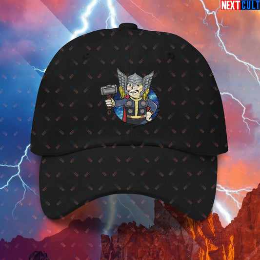 Norse Boy Thor Vault Boy Fallout Funny Meme Cartoon Mashup Dad hat Black Hats Avengers Chris Hemsworth Fallout Movies Superheroes Thor Vault Boy Next Cult Brand