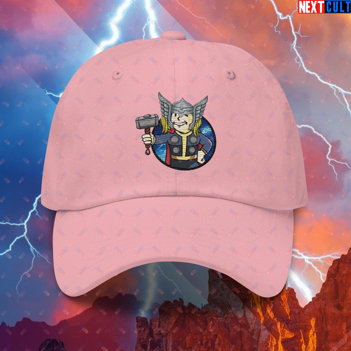 Norse Boy Thor Vault Boy Fallout Funny Meme Cartoon Mashup Dad hat Pink Hats Avengers Chris Hemsworth Fallout Movies Superheroes Thor Vault Boy Next Cult Brand