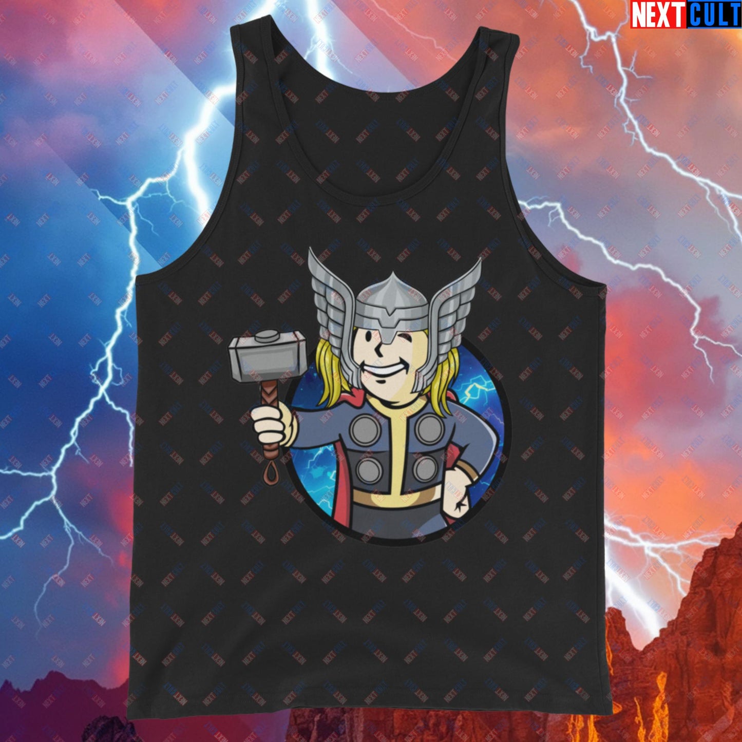 Norse Boy Thor Vault Boy Fallout Funny Meme Cartoon Mashup Tank Top Black Tank Tops Avengers Chris Hemsworth Fallout Movies Superheroes Thor Vault Boy Next Cult Brand