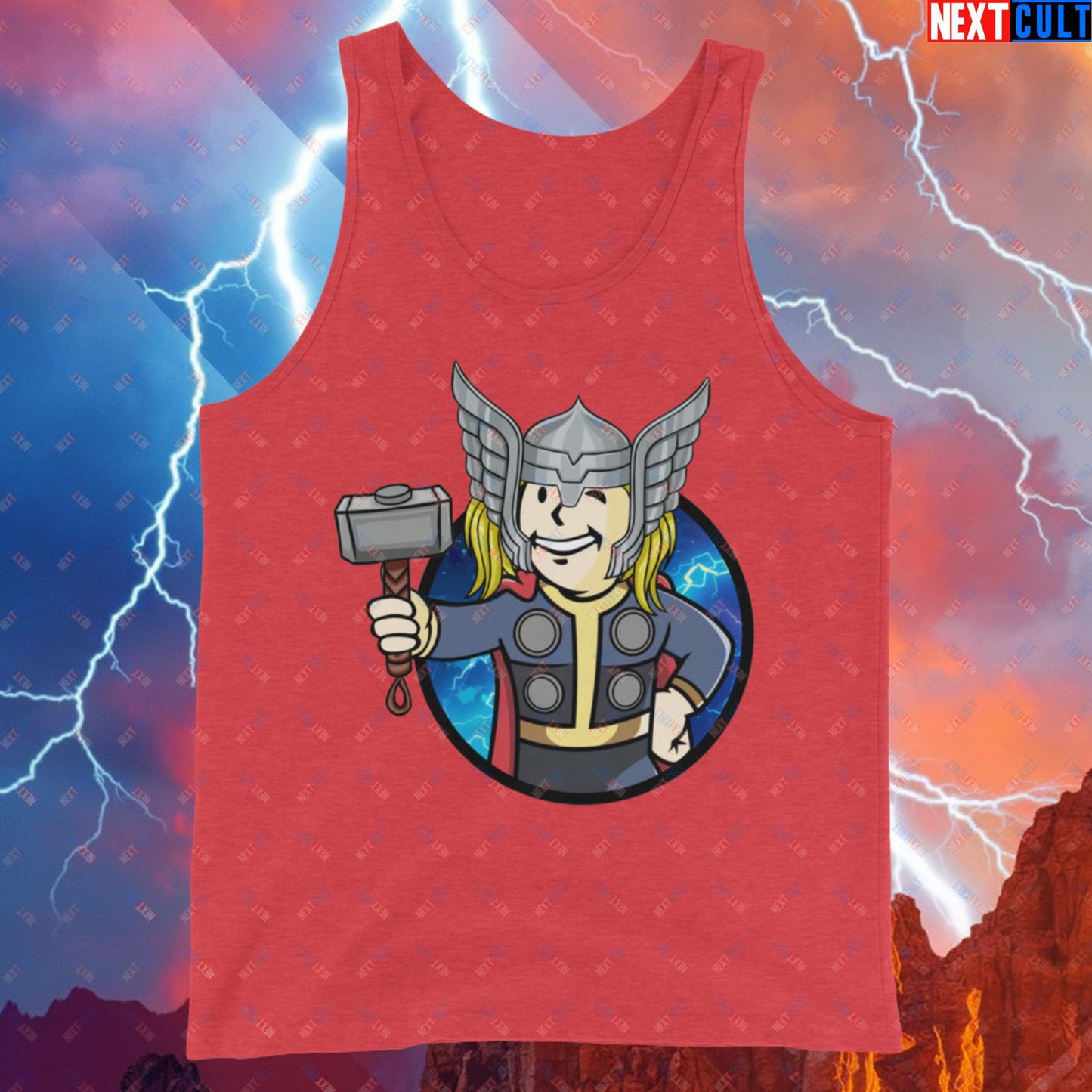 Norse Boy Thor Vault Boy Fallout Funny Meme Cartoon Mashup Tank Top Red Triblend Tank Tops Avengers Chris Hemsworth Fallout Movies Superheroes Thor Vault Boy Next Cult Brand