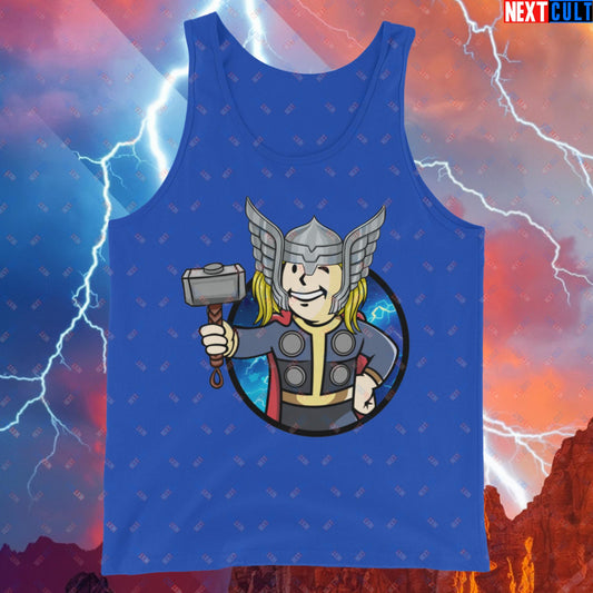 Norse Boy Thor Vault Boy Fallout Funny Meme Cartoon Mashup Tank Top True Royal Tank Tops Avengers Chris Hemsworth Fallout Movies Superheroes Thor Vault Boy Next Cult Brand