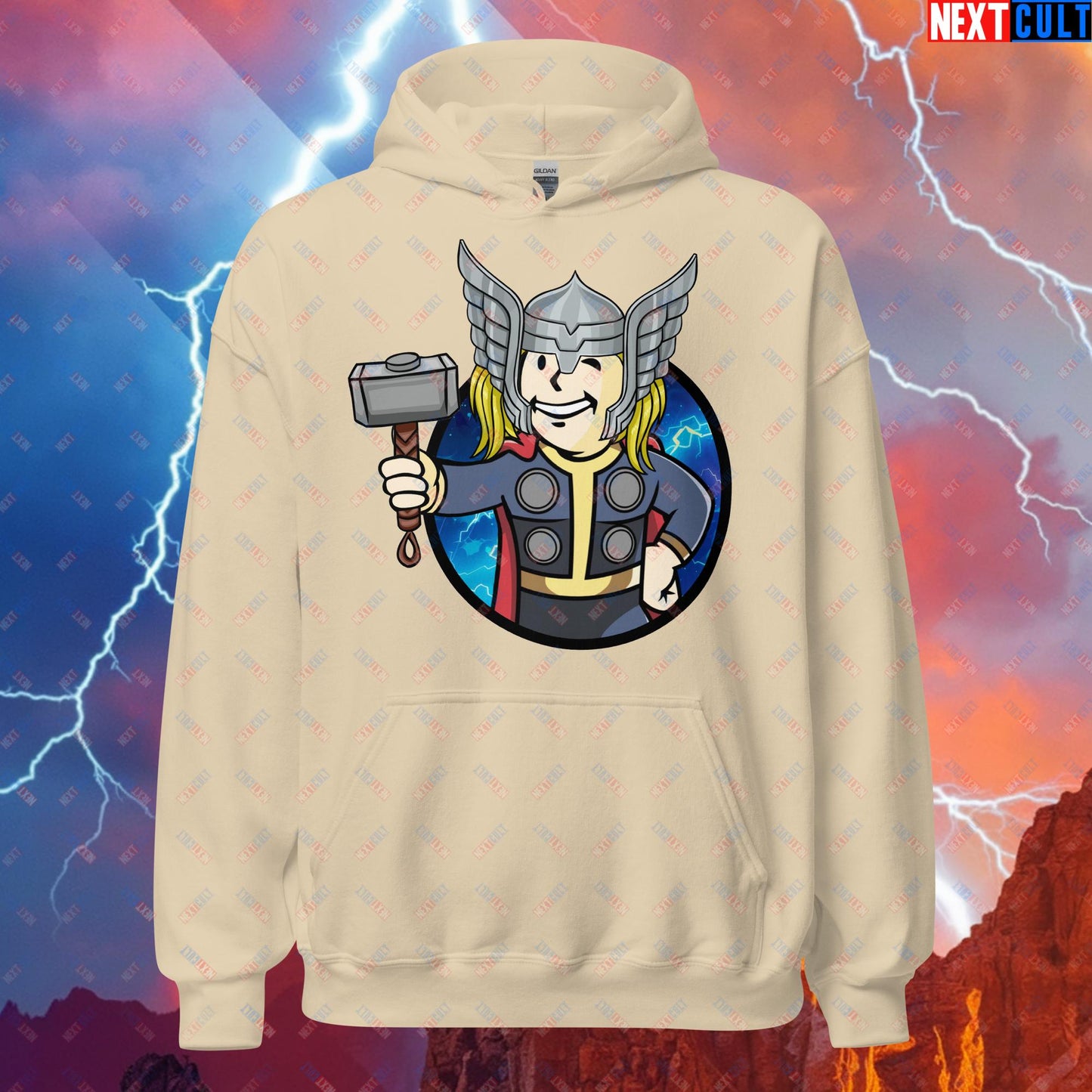 Norse Boy Thor Vault Boy Fallout Funny Meme Cartoon Mashup Unisex Hoodie Sand Hoodies Avengers Chris Hemsworth Fallout Movies Superheroes Thor Vault Boy Next Cult Brand