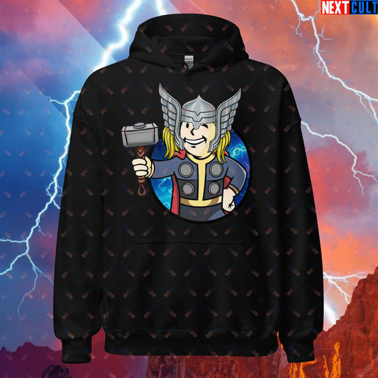 Norse Boy Thor Vault Boy Fallout Funny Meme Cartoon Mashup Unisex Hoodie Black Hoodies Avengers Chris Hemsworth Fallout Movies Superheroes Thor Vault Boy Next Cult Brand