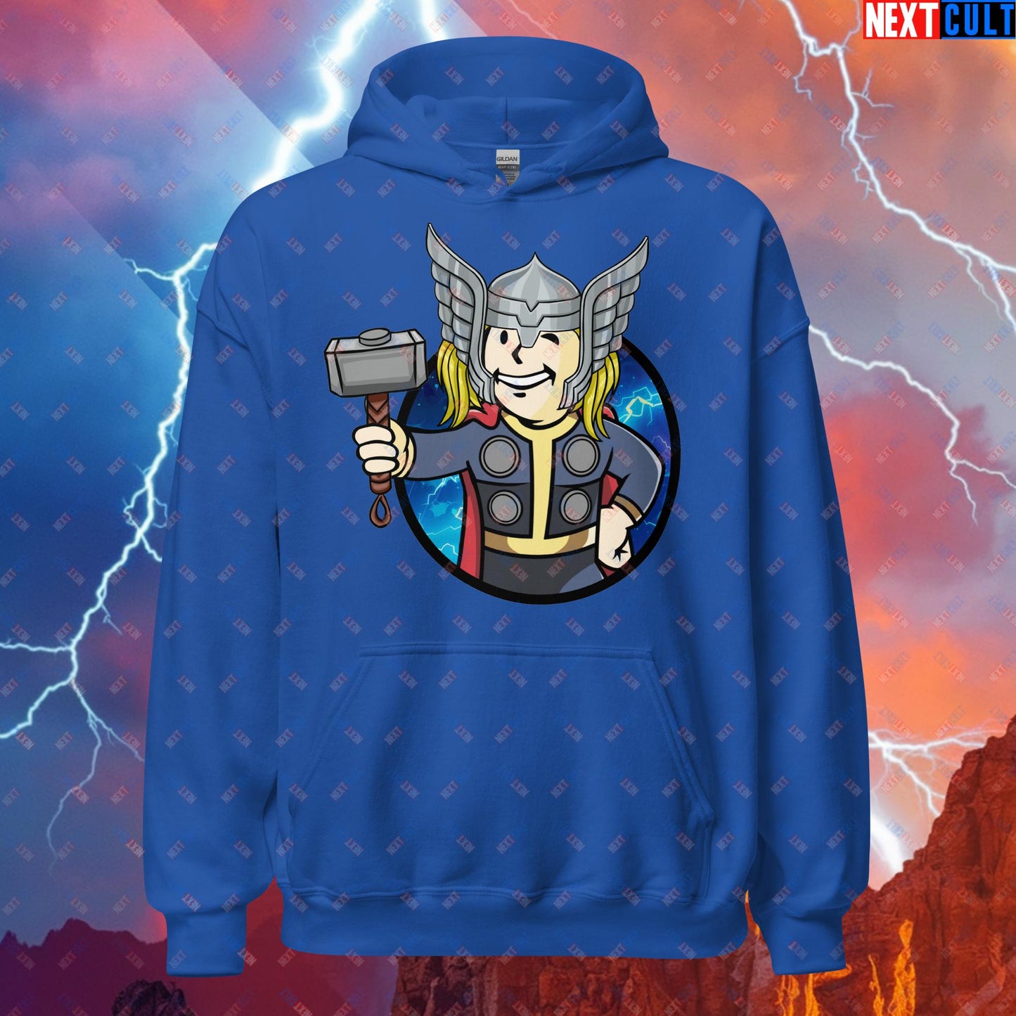 Norse Boy Thor Vault Boy Fallout Funny Meme Cartoon Mashup Unisex Hoodie Royal Hoodies Avengers Chris Hemsworth Fallout Movies Superheroes Thor Vault Boy Next Cult Brand