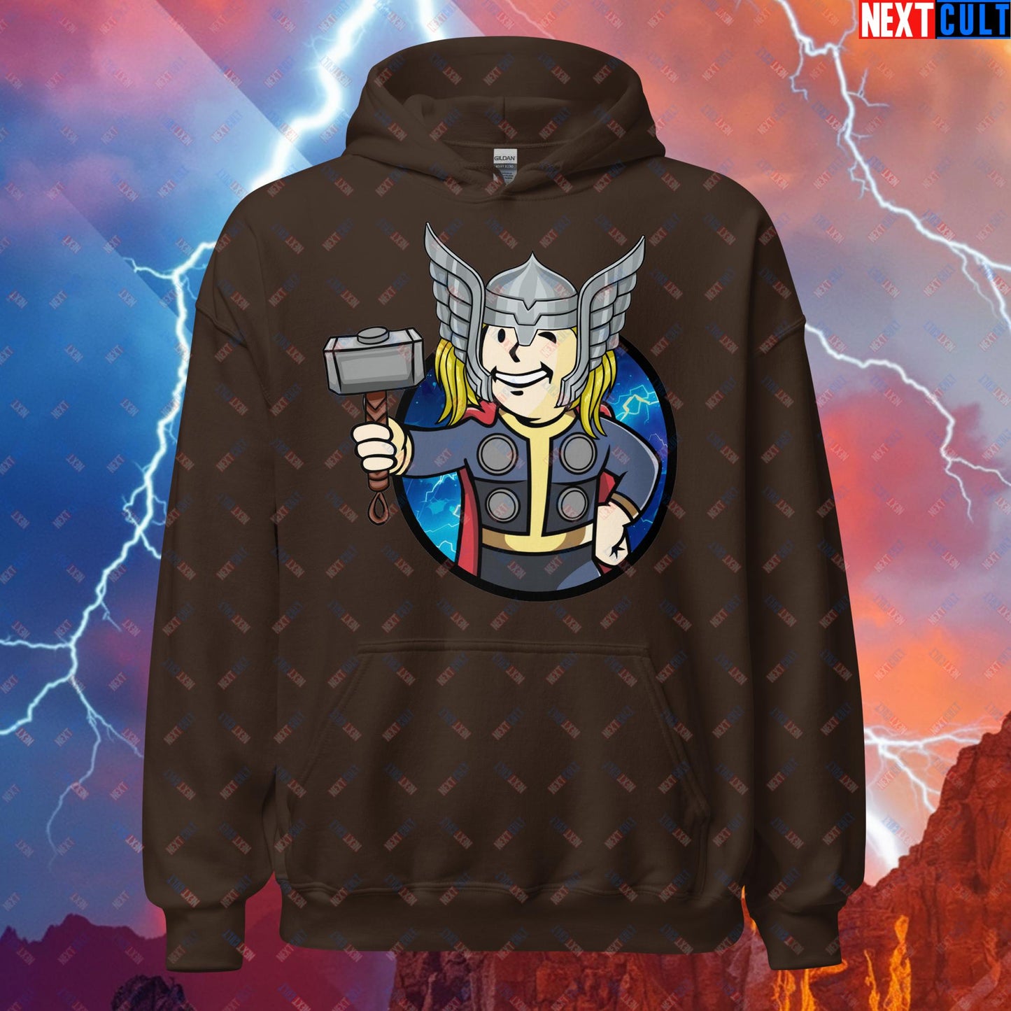 Norse Boy Thor Vault Boy Fallout Funny Meme Cartoon Mashup Unisex Hoodie Dark Chocolate Hoodies Avengers Chris Hemsworth Fallout Movies Superheroes Thor Vault Boy Next Cult Brand