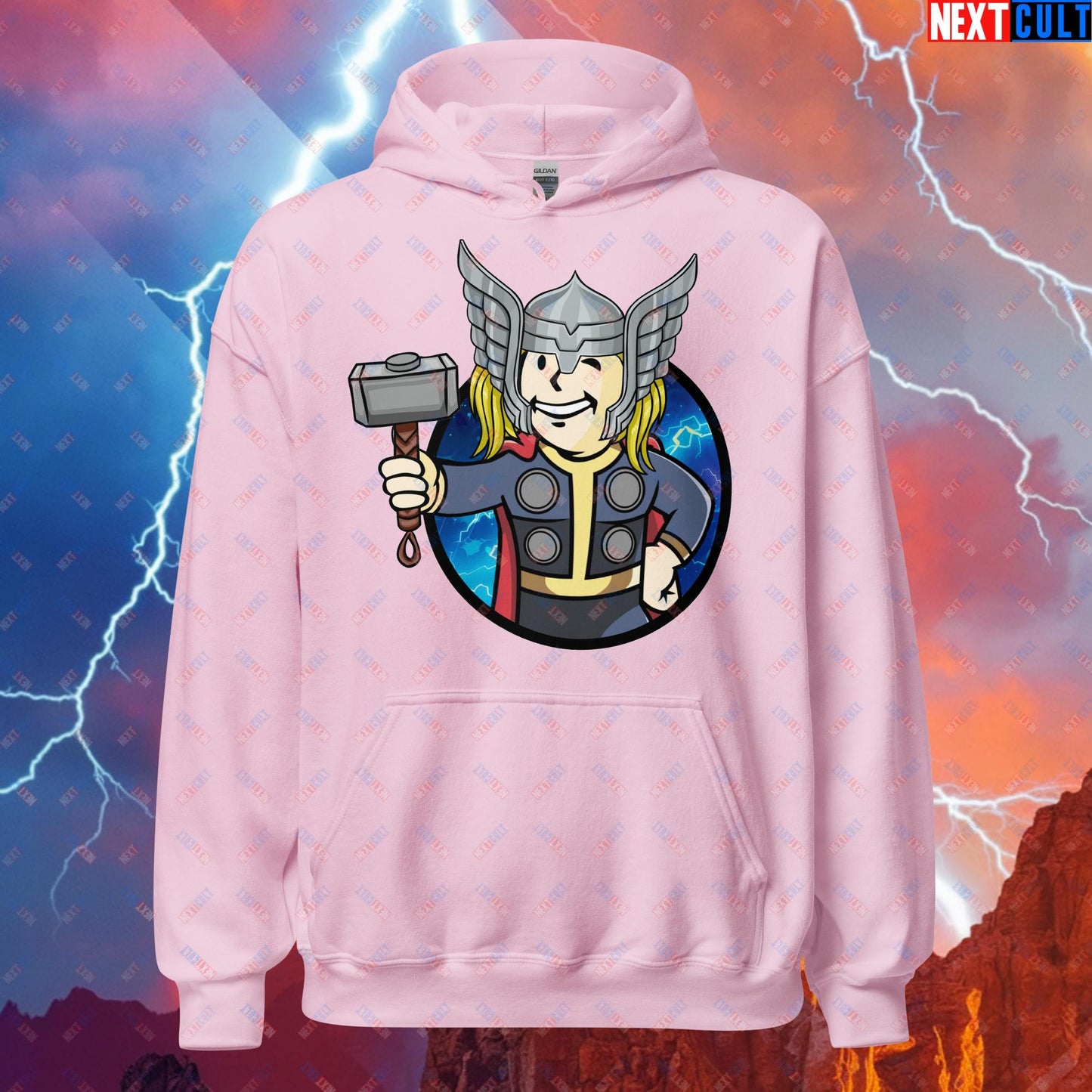 Norse Boy Thor Vault Boy Fallout Funny Meme Cartoon Mashup Unisex Hoodie Light Pink Hoodies Avengers Chris Hemsworth Fallout Movies Superheroes Thor Vault Boy Next Cult Brand