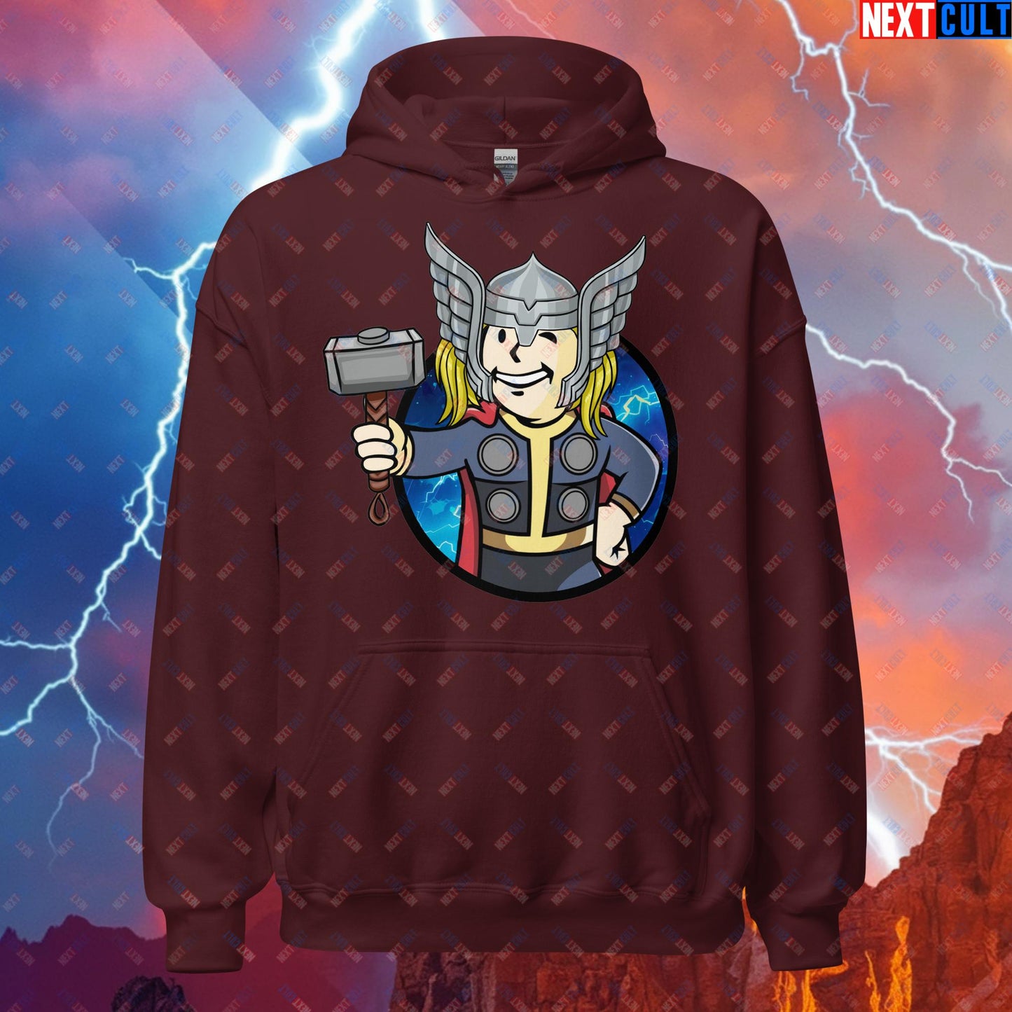 Norse Boy Thor Vault Boy Fallout Funny Meme Cartoon Mashup Unisex Hoodie Maroon Hoodies Avengers Chris Hemsworth Fallout Movies Superheroes Thor Vault Boy Next Cult Brand